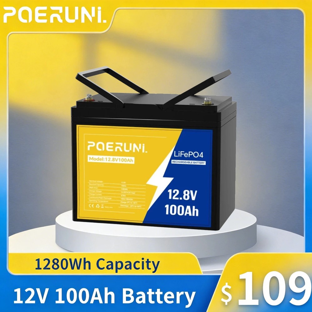 12V 100Ah LiFePO4 Lithium Battery Built-in BMS Cycle Deep for Solar RV Off-grid