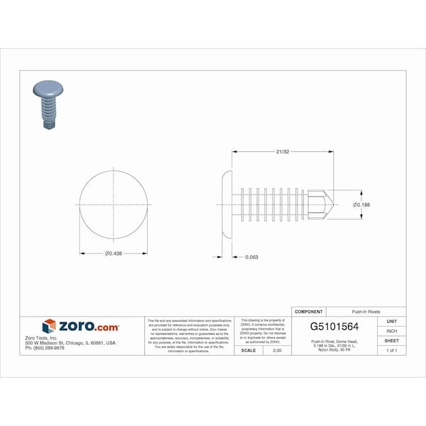 Push-In Rivet, Dome Head, 0.375 In Dia., 27/32 In L, Nylon Body, 25 Pk, 5710Pk