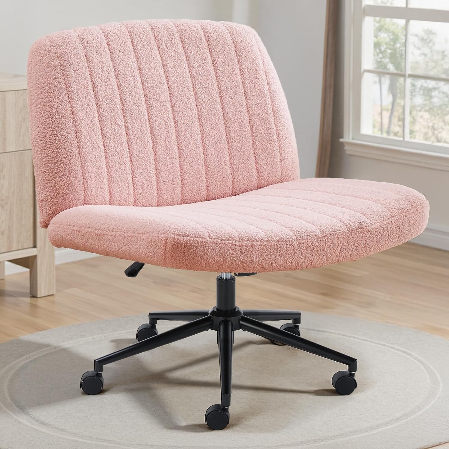 Adjustable Swivel Criss Cross Chair in Teddy Pink – Ideal for Office & Vanity