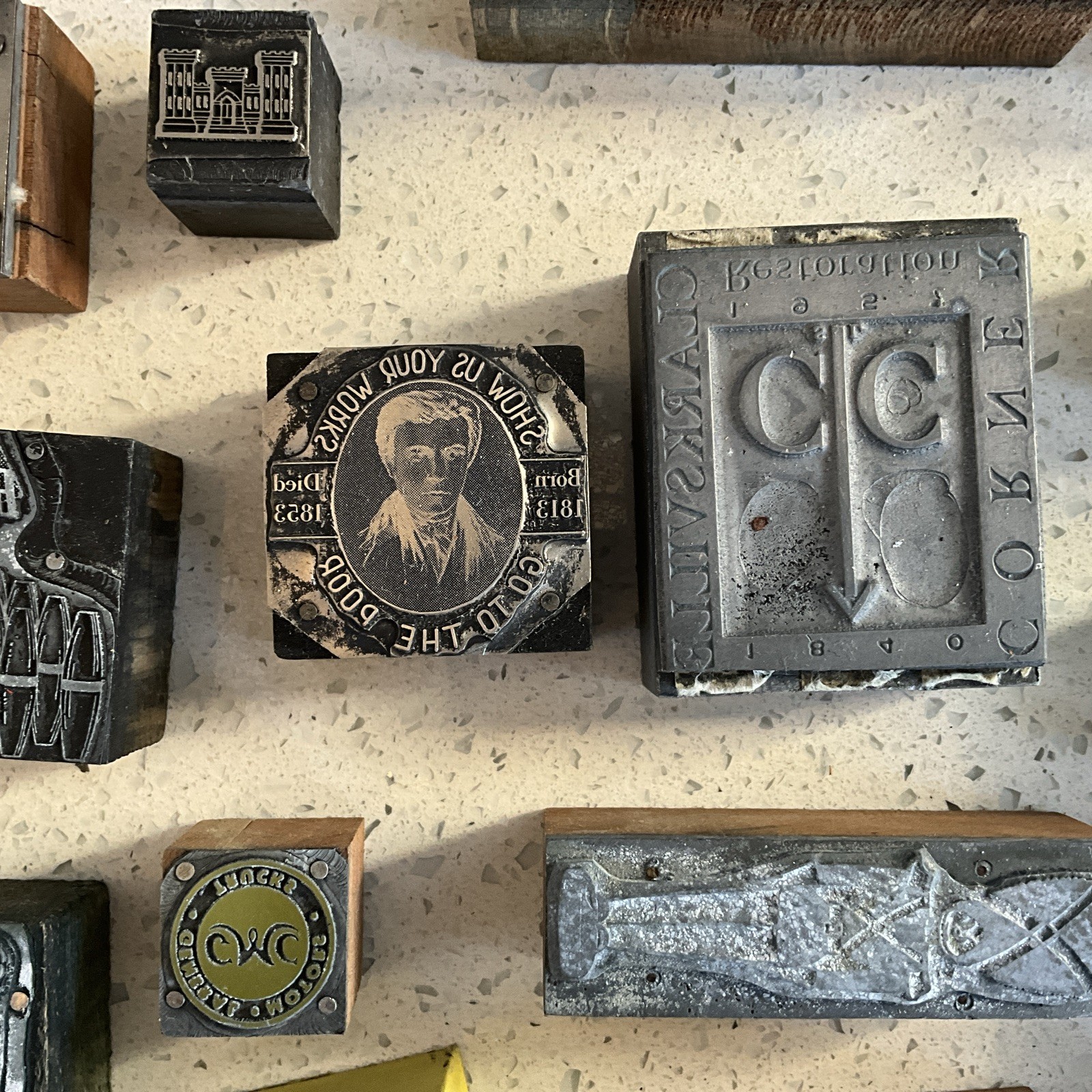 37 Antique Letterpress Printing Blocks Various Subjects Lot 26 Metal 11 Copper