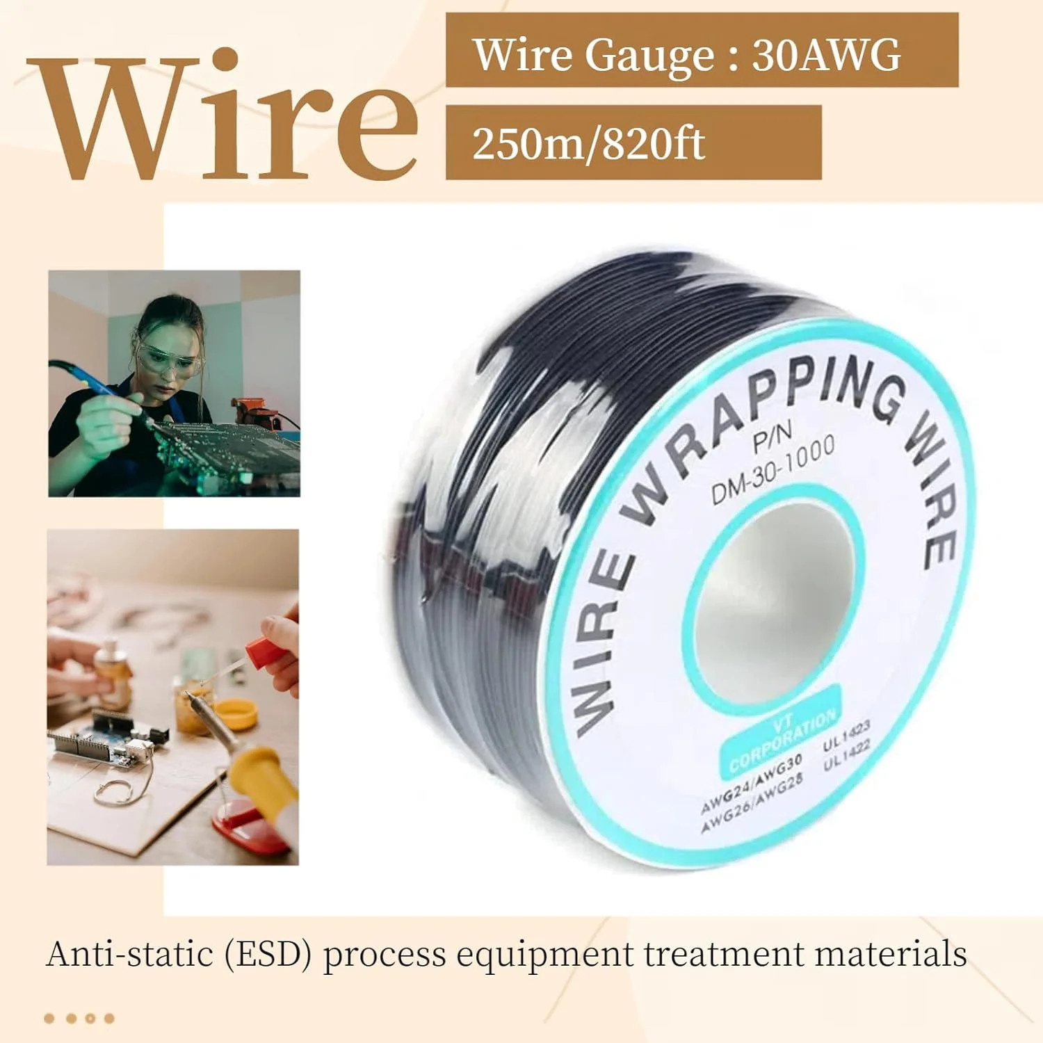 Black Electronic Wire DM-30-1000 – 30 AWG Single Core Tinned Copper Solid Cable,