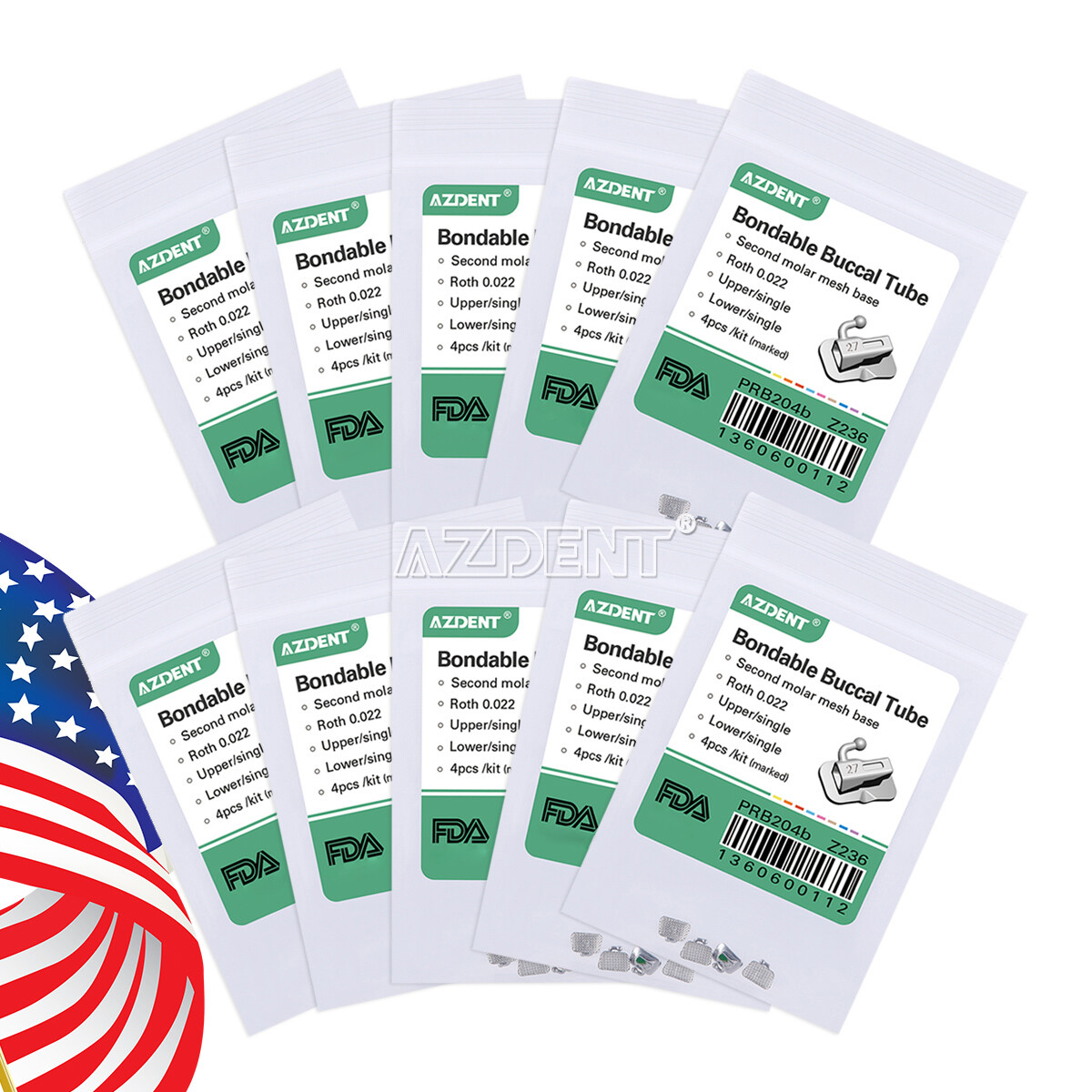 AZDENT Dental Orthodontic Bondable Buccal Tubes MBT Roth 022 1st Molar Non-Conv