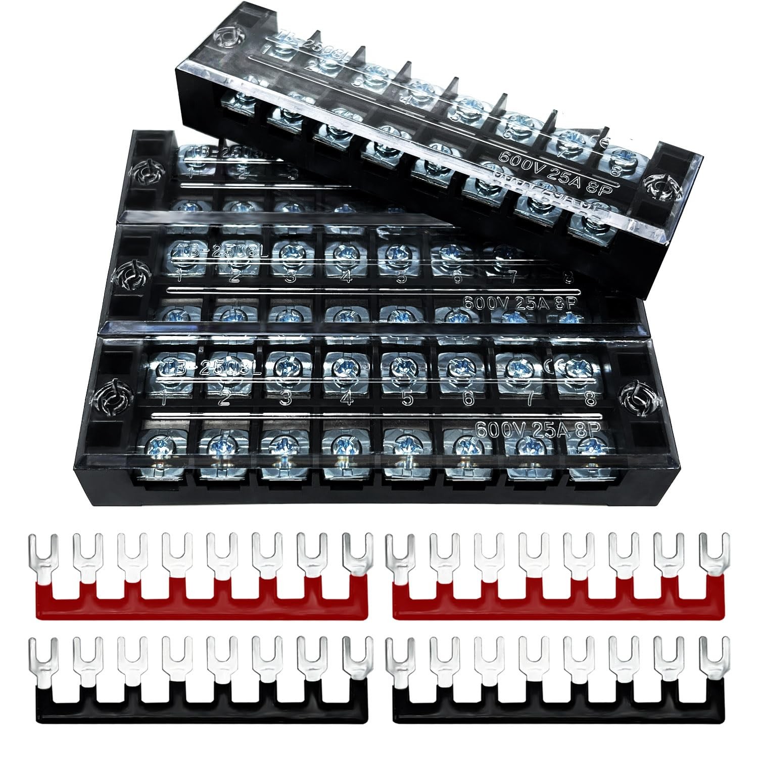 4 Sets 8 Positions 600V 25A Terminal Blocks Ground Circuit Dual Row Bus Bar Wire