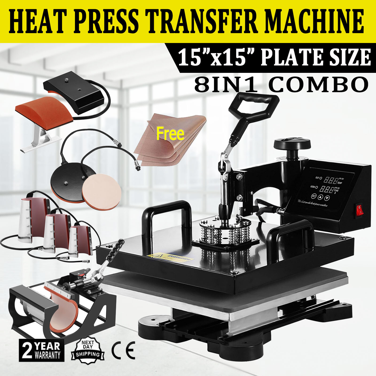 8IN1 Combo Heat Press Machine 15″x15″ Sublimation Transfer T-Shirt Mug Plate Hat