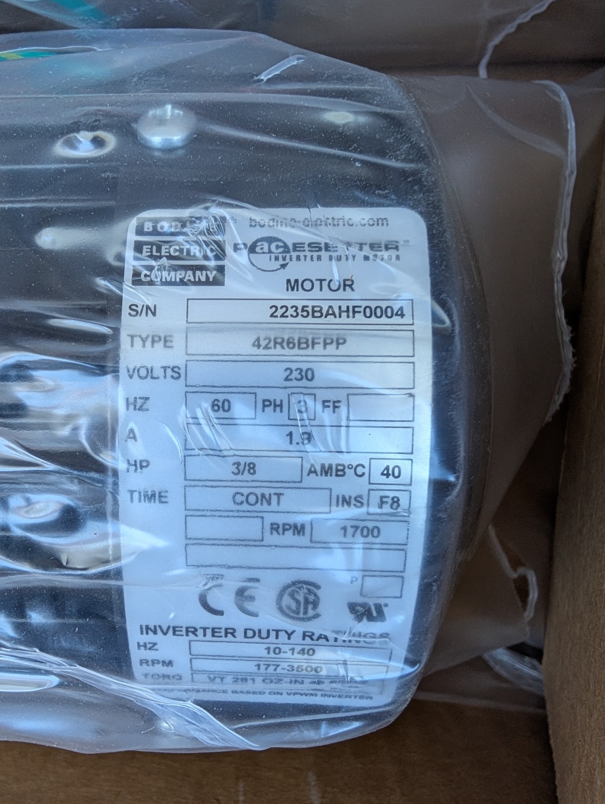 BODINE ELECTRIC 2235BA GEARMOTOR 42R6BFPP **NEW In Factory Package**