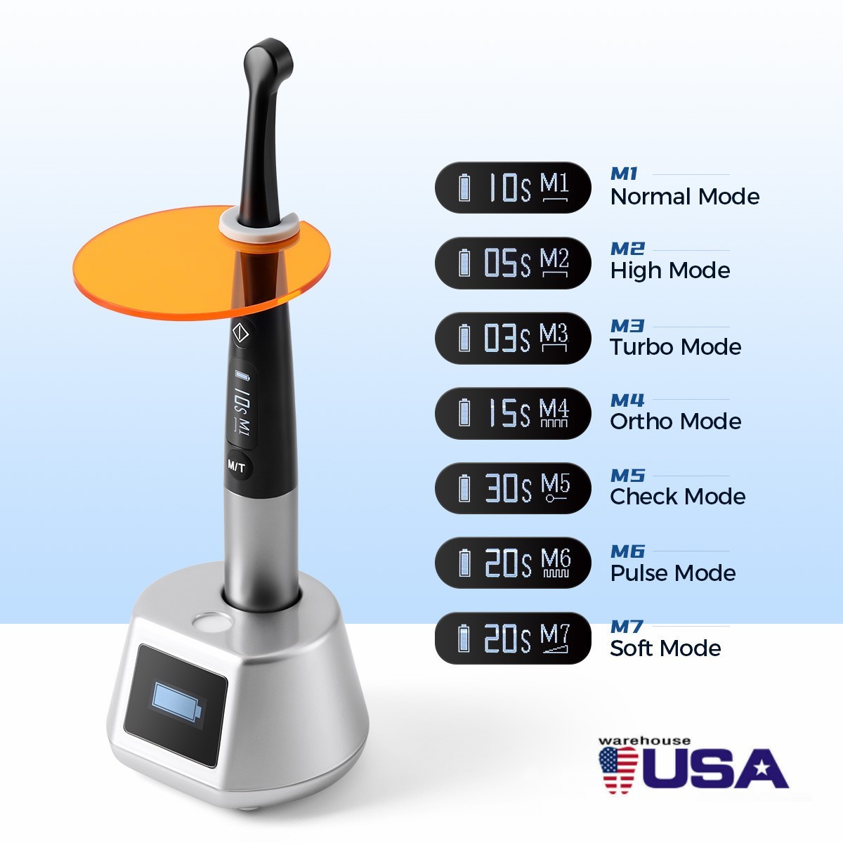 Dental Wireless Cordless LED Curing Light 1 Sec 2mm Cure 3000mW/cm² OLED Screen