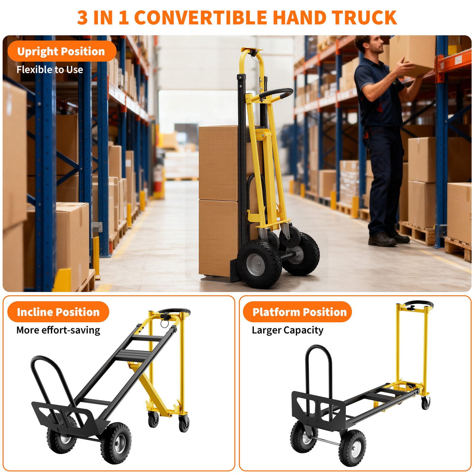 Garvee 800Lbs Convertible Hand Truck Dolly 3-in-1 Foldable Steel Cart Moving