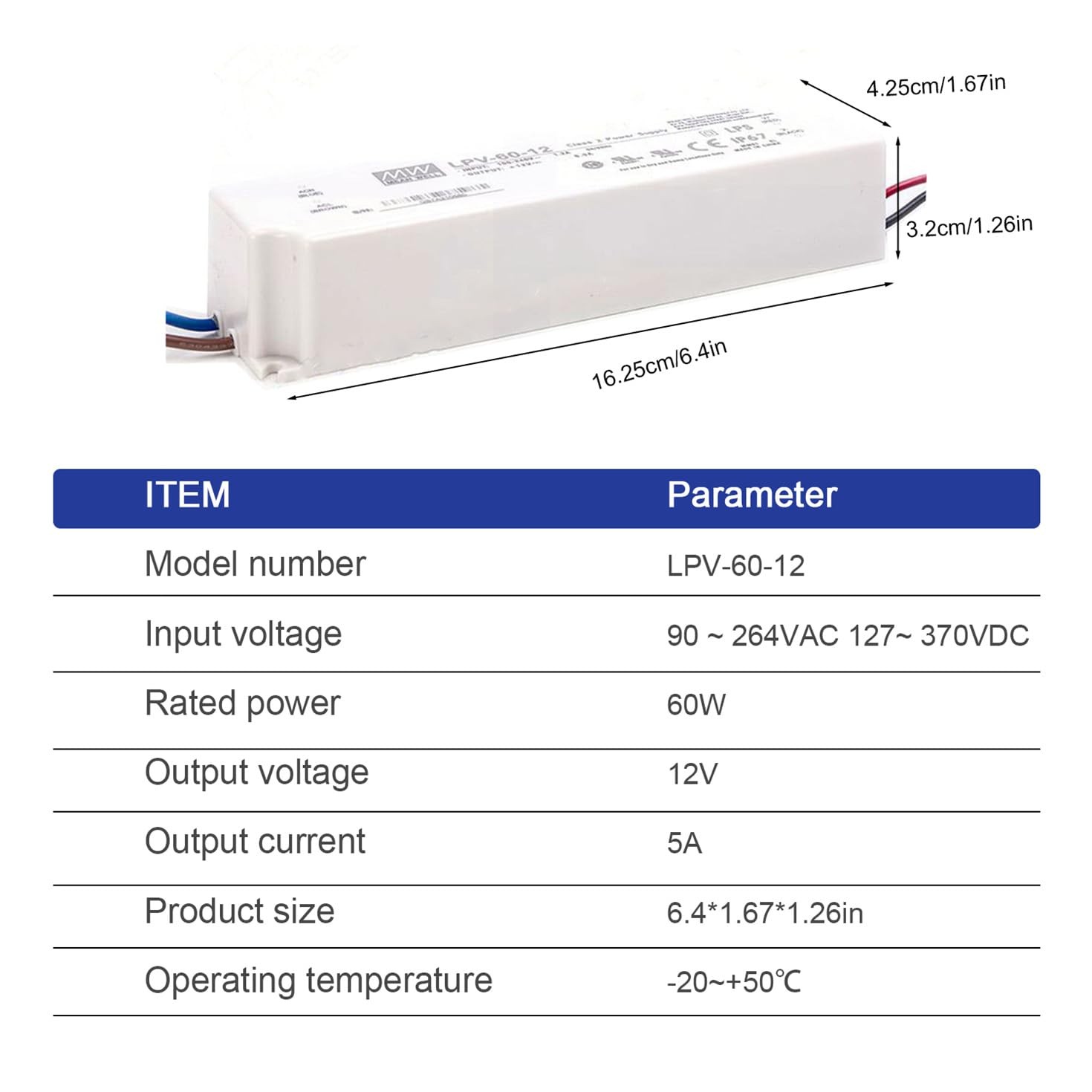 MEAN WELL LPV-60-12 Sealed Panel Mount LPV Series AC-DC 12-volt 5-Amp 60w