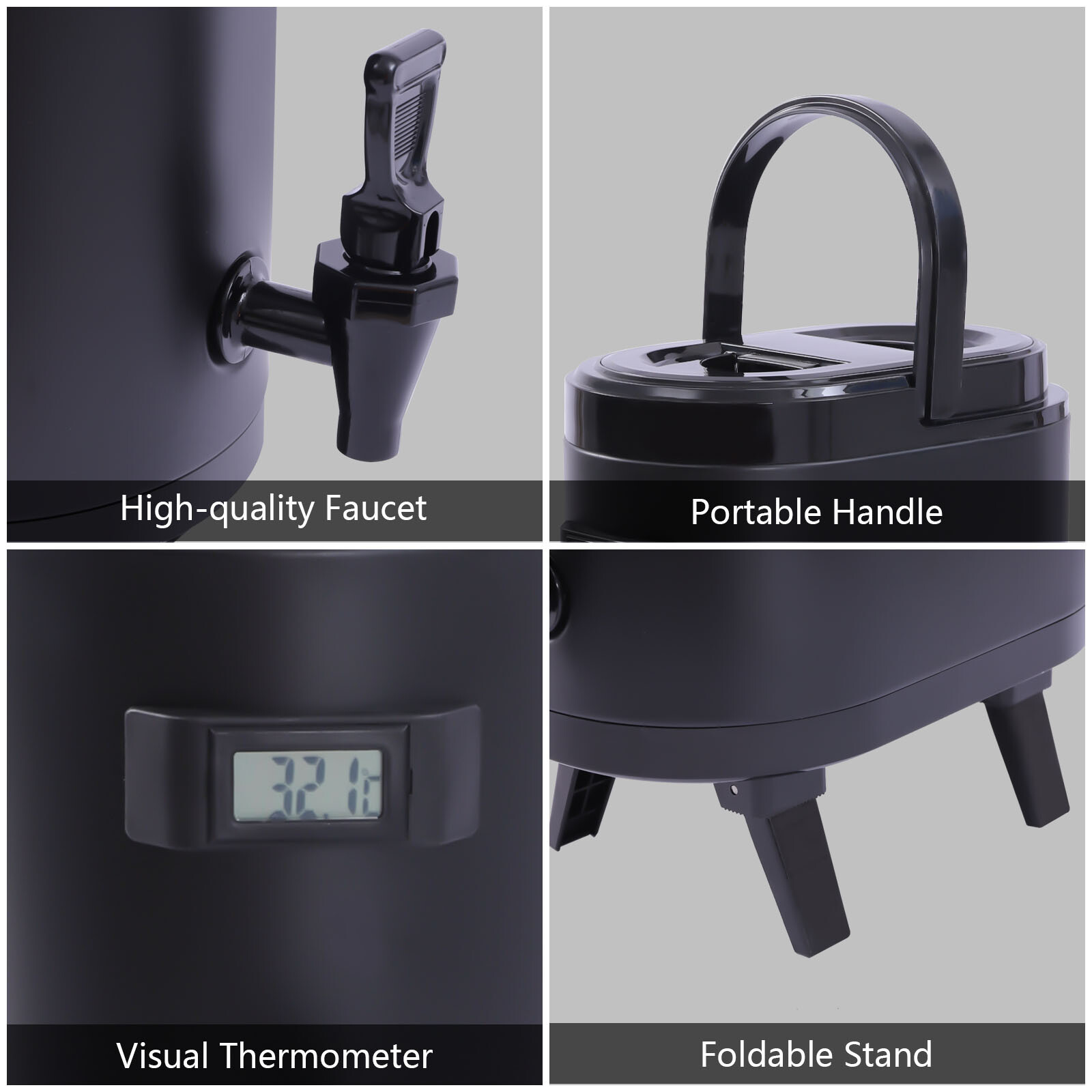 11.42*7.09*12.6in 2.11Gal Black Oval Insulated Beverage Dispenser W/ Thermometer