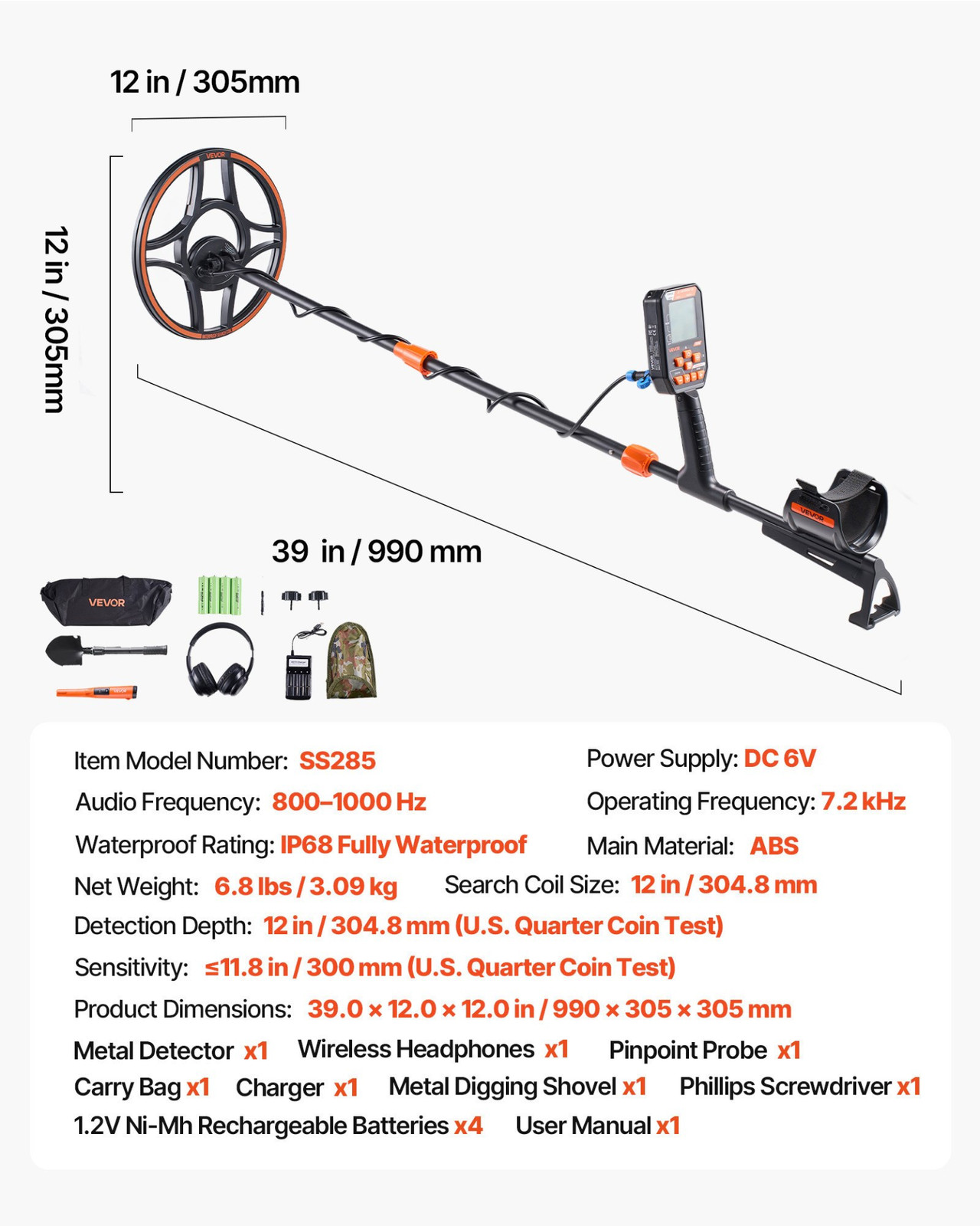 Waterproof Metal Detector, 12″, IP68