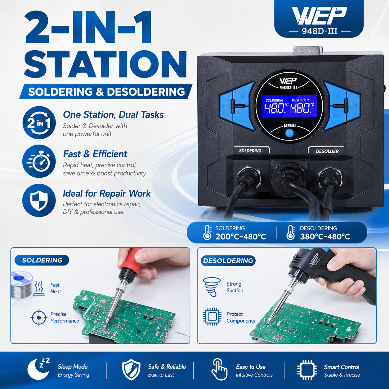 WEP 948D-III 110W Desoldering Station Soldering Iron Kit Suction Tin Gun Tool