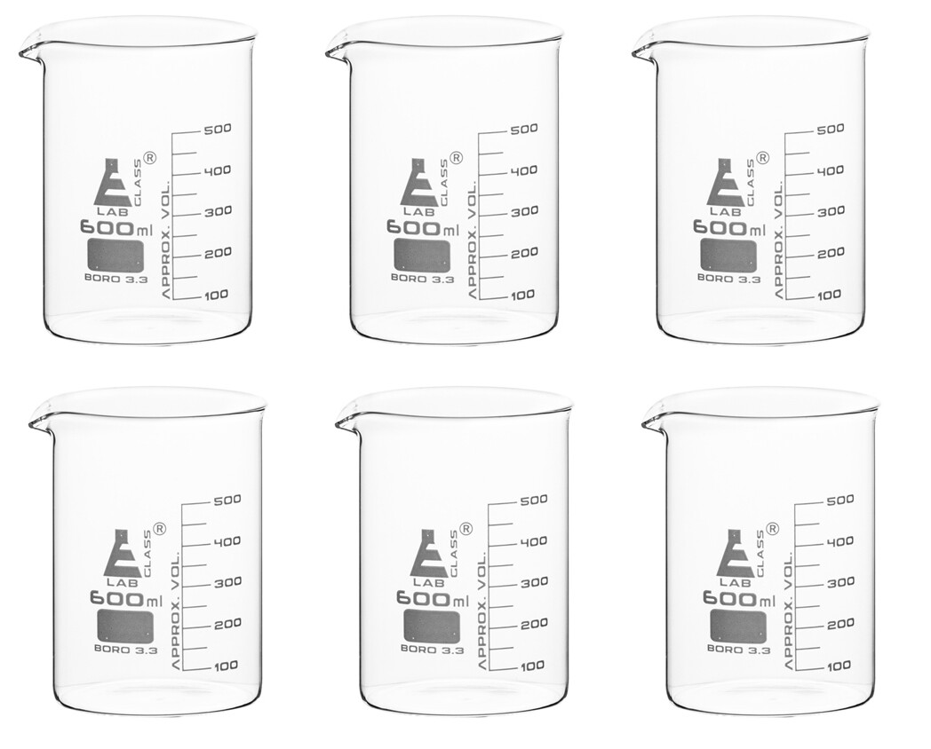 Eisco Labs 600ml Beakers, Low Form, 50mL Grad. – Borosilicate Glass – 6 Pack