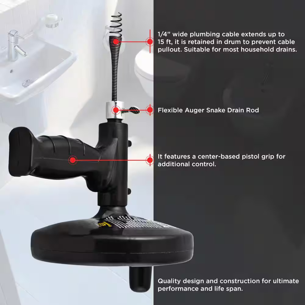NEW Manual 15 ft Drain Auger with Pistol Grip Handle for Household Pipe Cleaning
