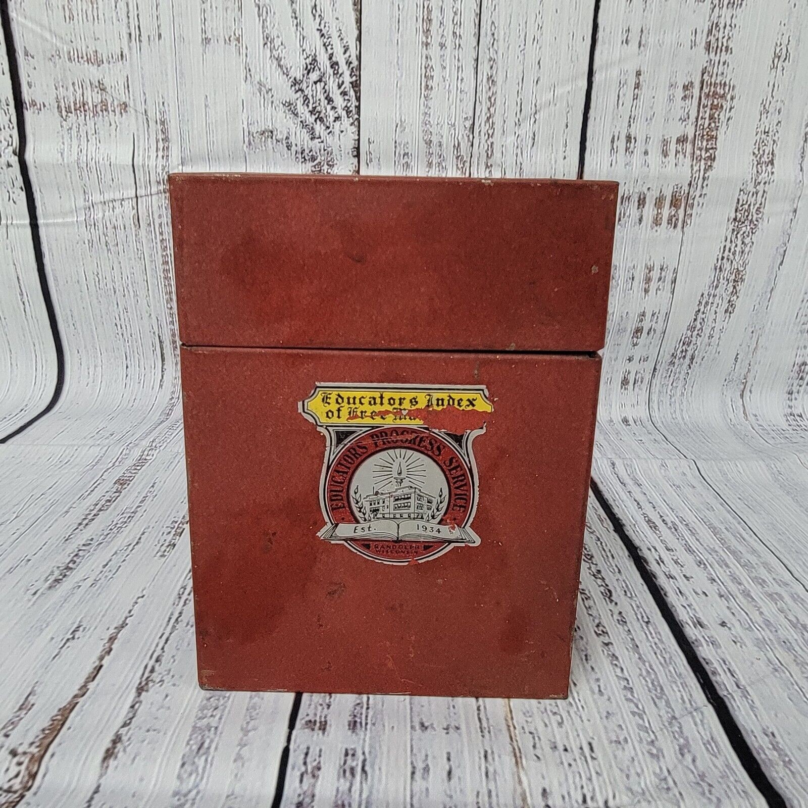 Vintage steel index card flip top box red 8x6x3.500″