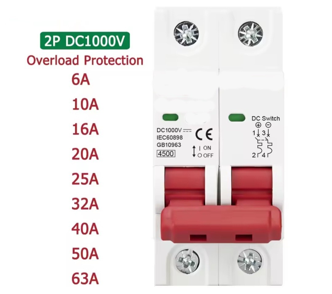 Solar DC Circuit Breaker 6A 10A 16A 20A 25A 32A 50A 1000V PV Disconnect Switch
