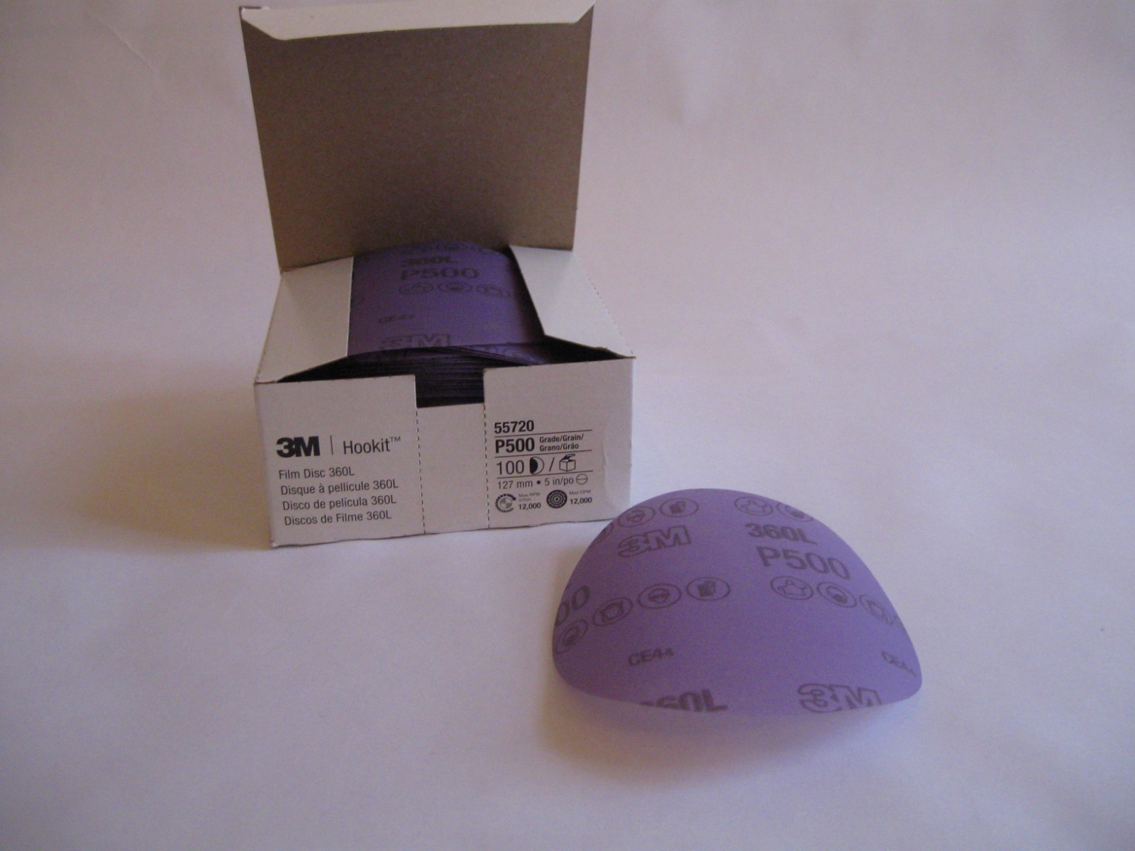 3M 55720 Hookit 5″Finishing Film Disc P500 Grit 100 Discs Purple DA Sander 3 box