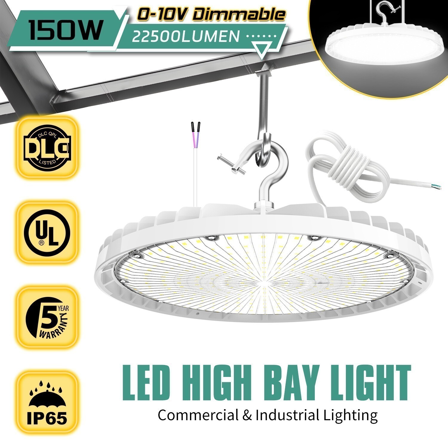 150W UFO LED High Bay Lights ,0-10V Dimmable 21000LM [400W HID/HPS Equiv.] 5000K