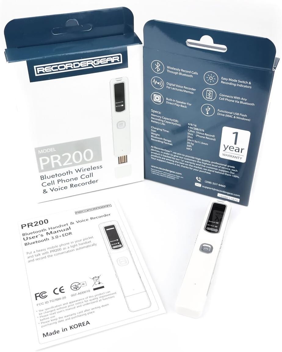 PR200 Bluetooth Cell Phone Call Recording Device, iPhone Android Mobile Recorder