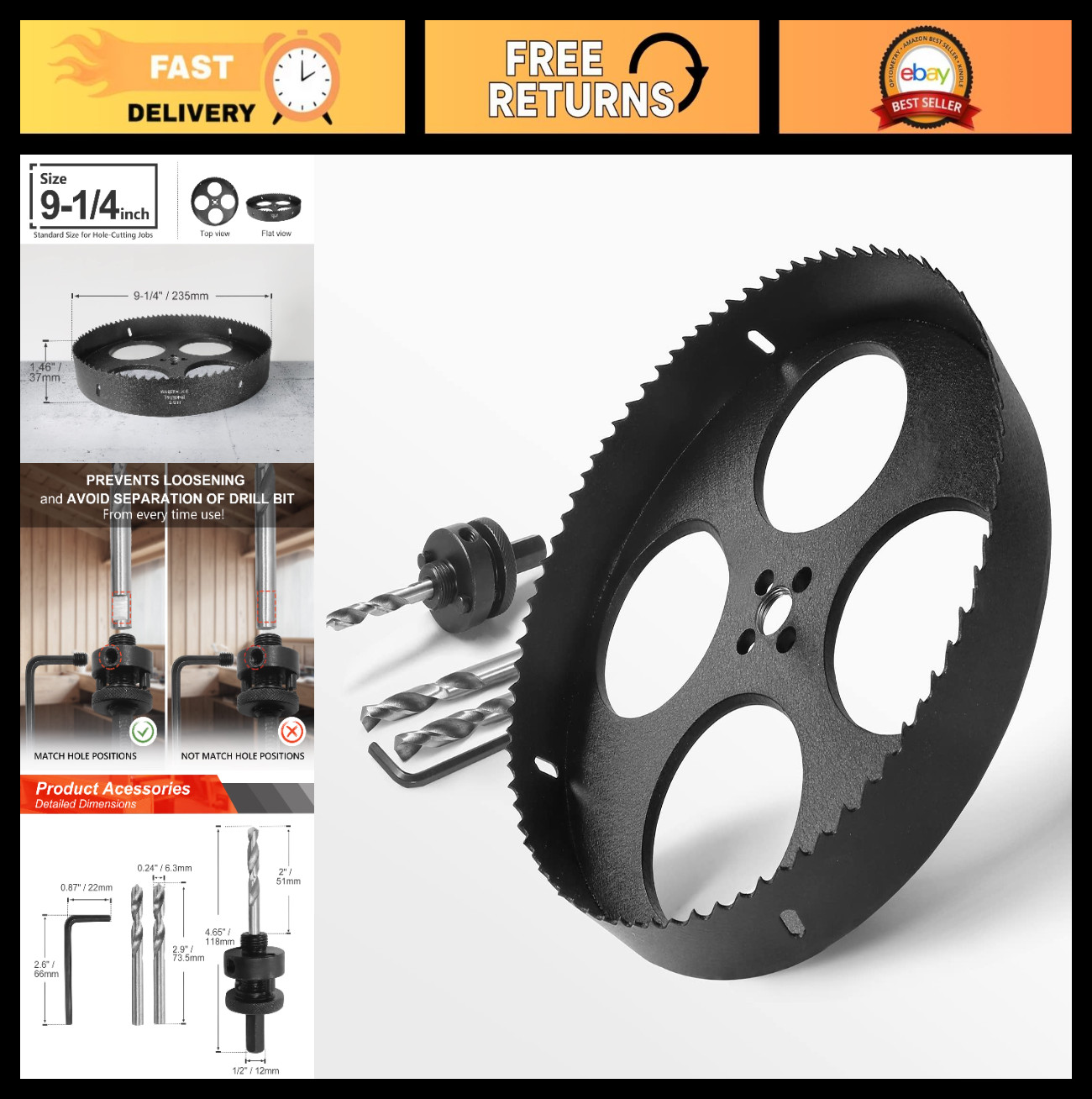 9-1/4″ Bi-Metal Hole Saw with Quick Change Arbor for Wood, Plastic, Drywall & Me
