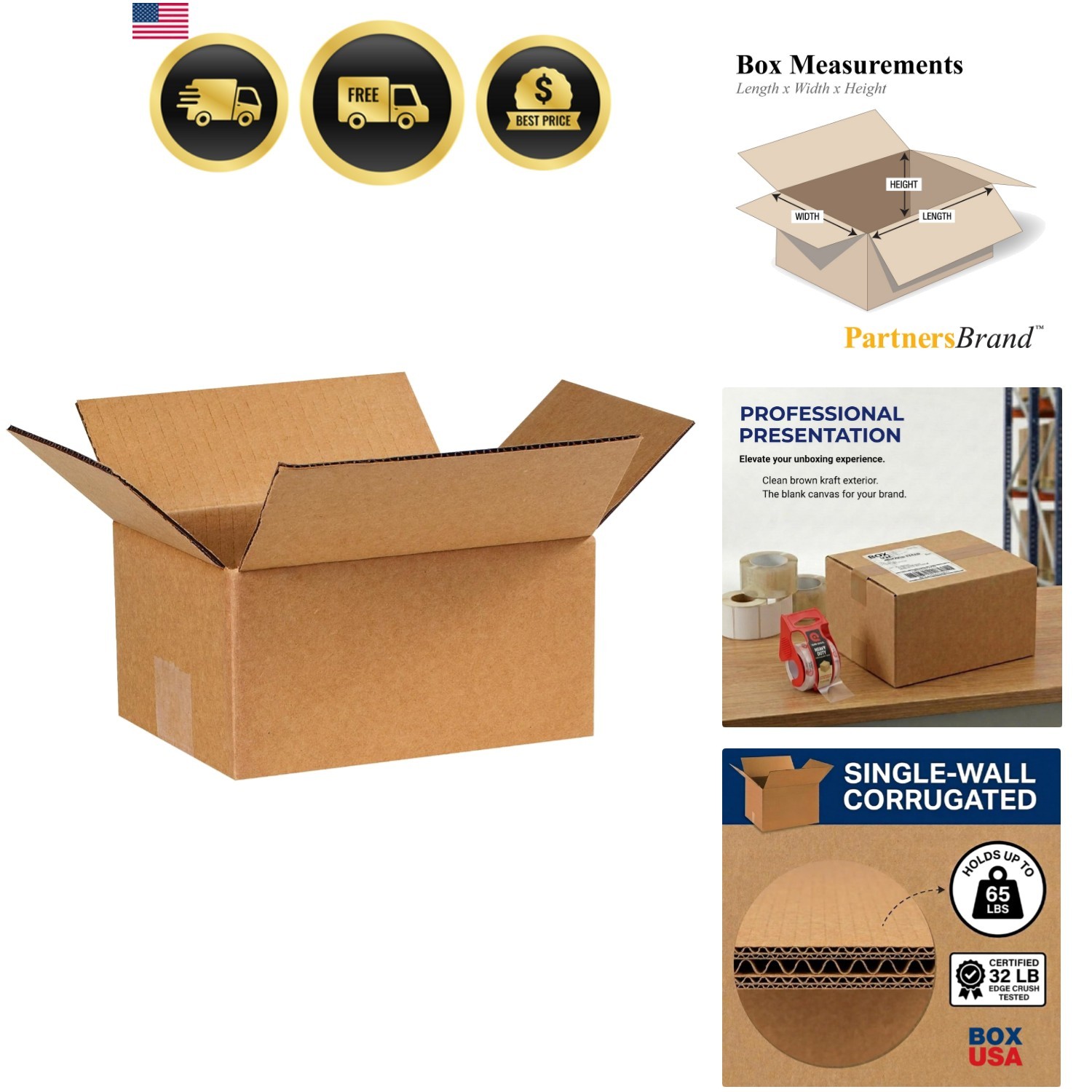 Partners Brand P864 Corrugated Boxes, 8″L x 6″W x 4″H, Kraft Pack of 25