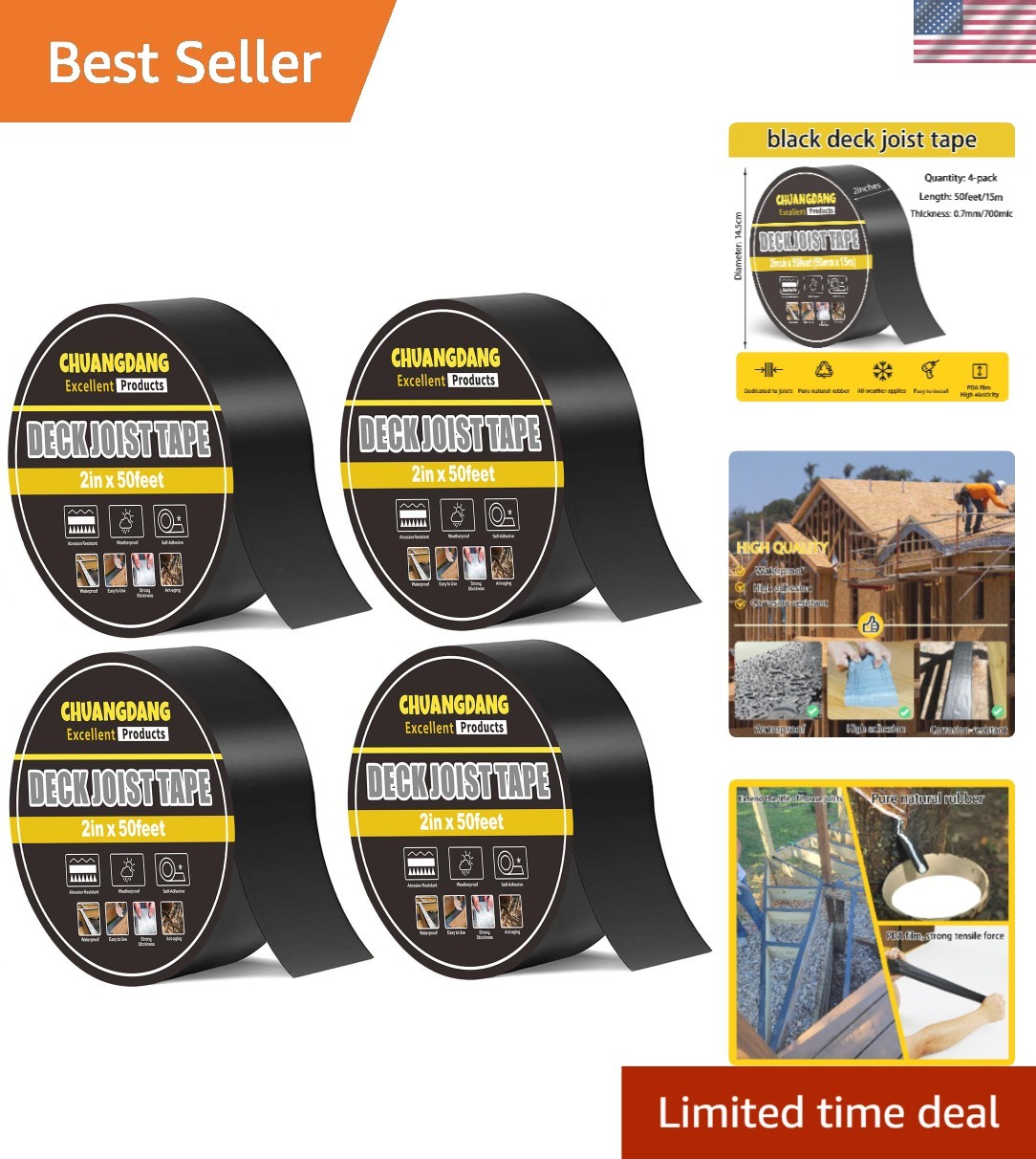 2in x 50ft Black Decking Tape – 4 Rolls of Weather-Resistant Joist Protection