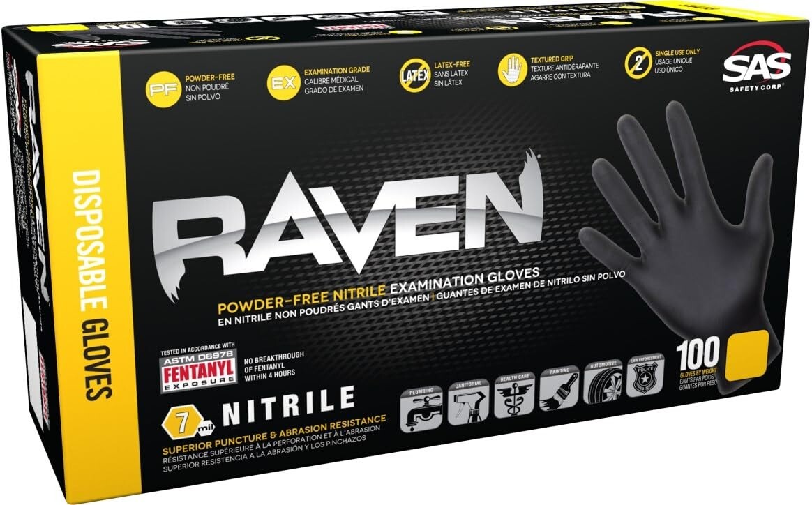SAS Raven Black Nitrile Gloves Powder Free 7mil BUNDLE OF 4 (100 Gloves/Box)