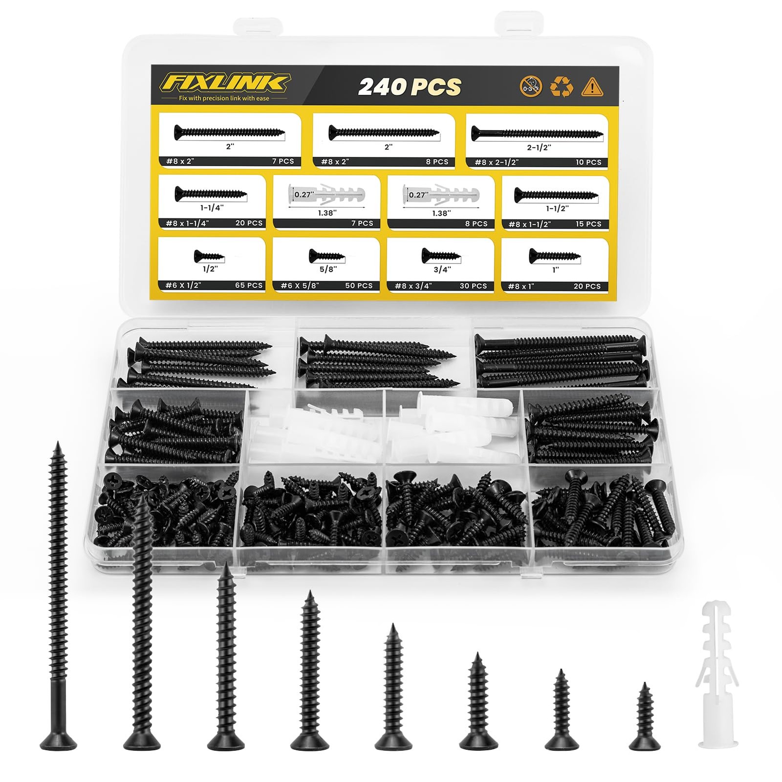 Wood Screws Assortment Kit, FIXLINK 240 PCS High Hardness Flat Head Wood Scre…