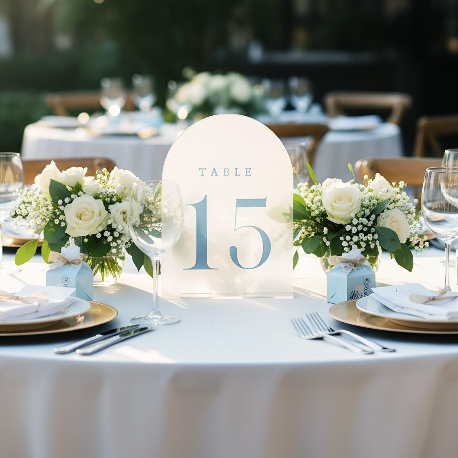15 PCS 5×7 Inch Dusty Blue Frosted Arch Wedding Table Numbers 115 Stands