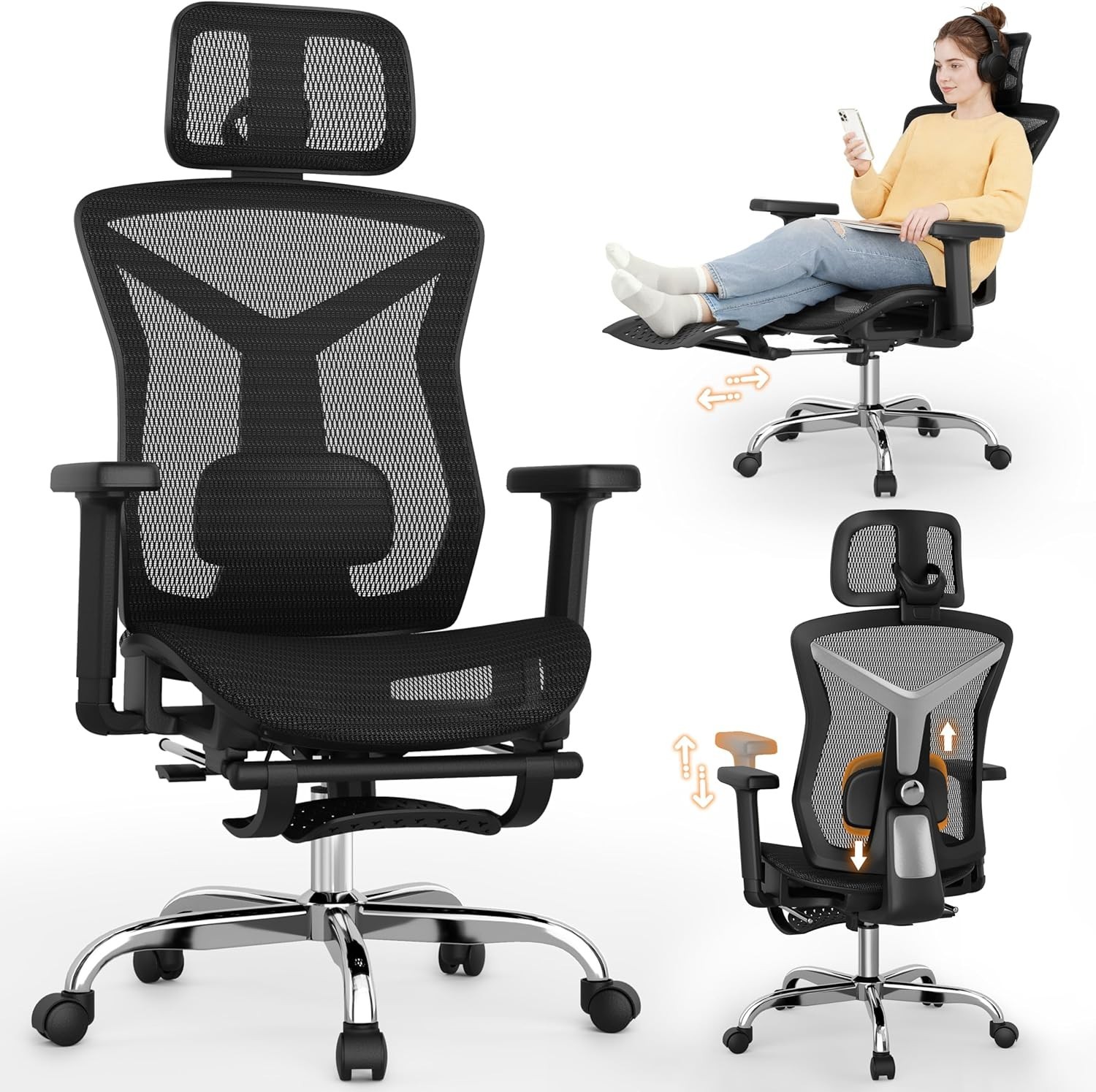 Office Chair with Footrest, Desk Chair Comfy with 3D Adjustable Lumbar Support
