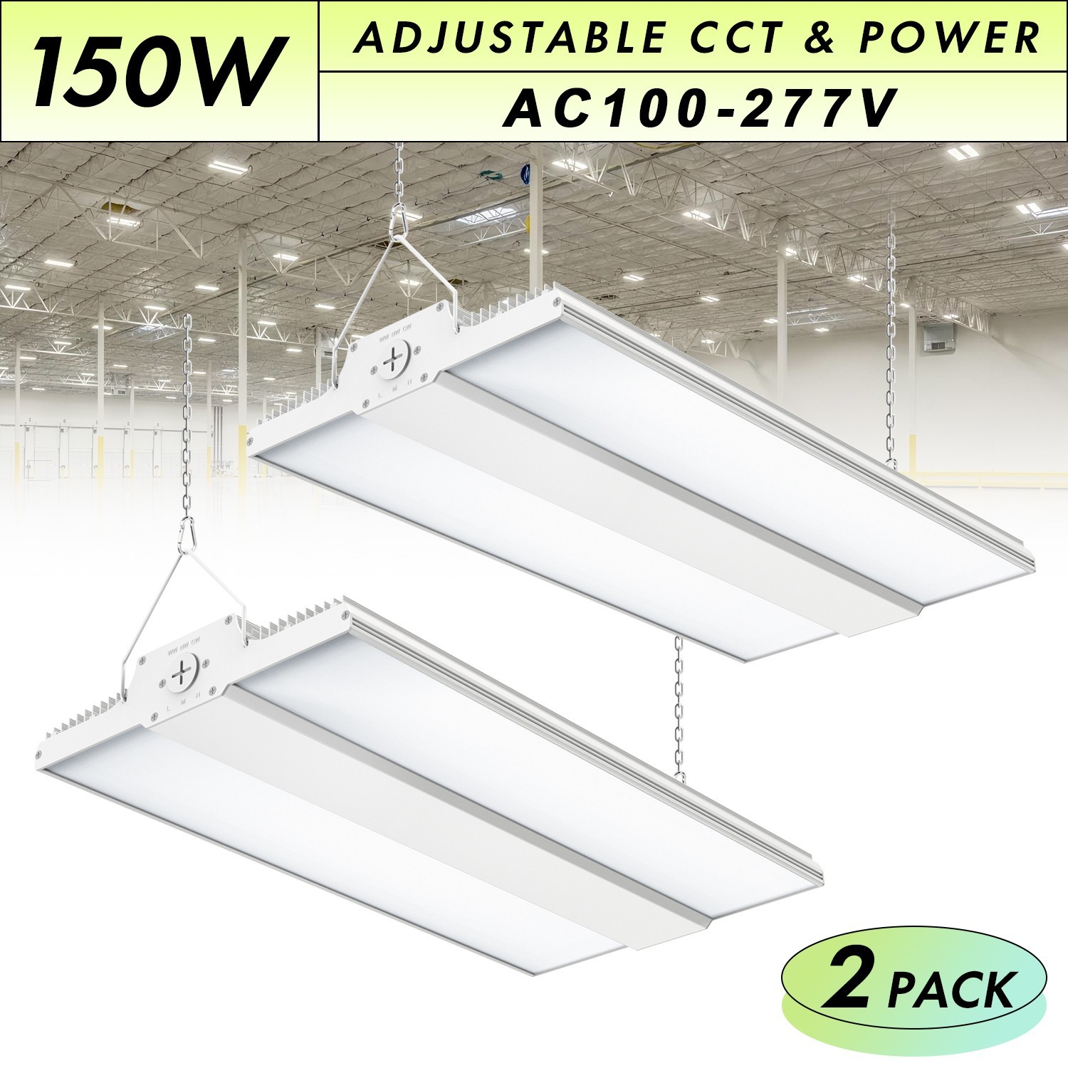 2-PACK Led Linear High Bay Light, 150W 22500LM Warehouse Garage Light Adjustable