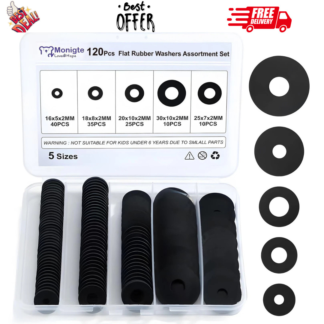 120Pcs Flat Rubber Washers Assortment Kit,16/18/20/25/30mm Black