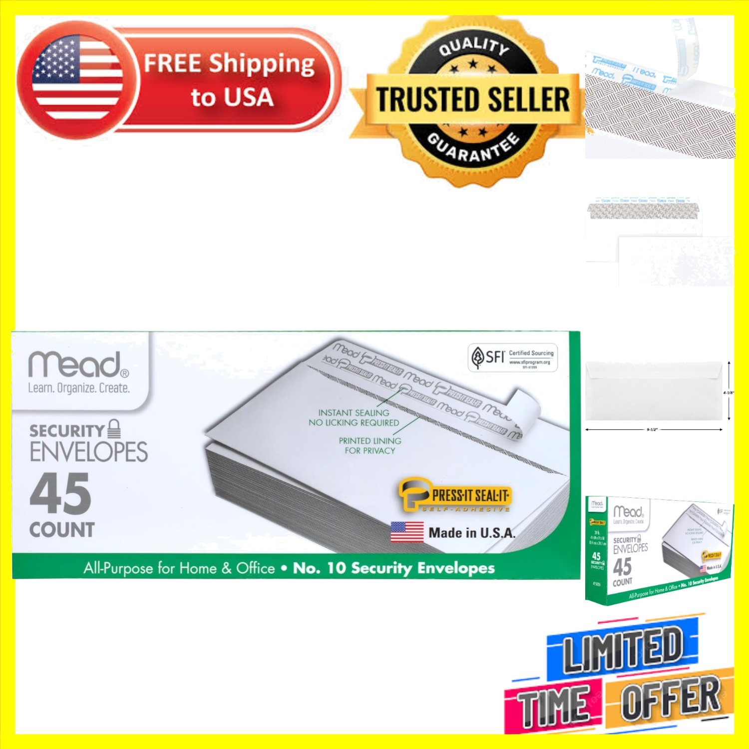 Mead #10 Security Business Envelopes Letter Size 4-1/8″ x 9-1/2″ – Peel and Seal