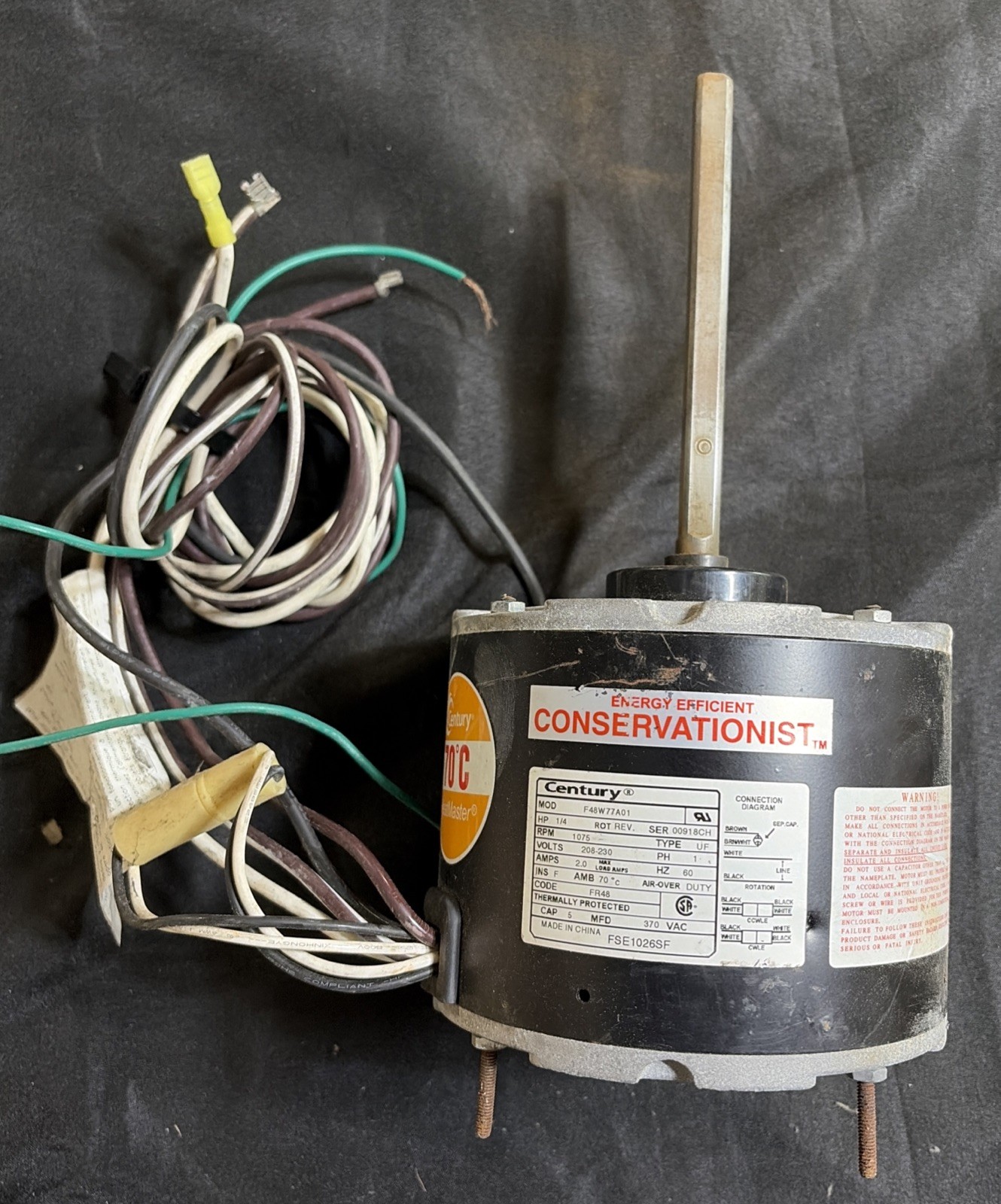 Century F48W77A01, Direct Drive 1/4 HP, 1 PH, 208/230V, 2A, 60 HZ, 1075 RPM