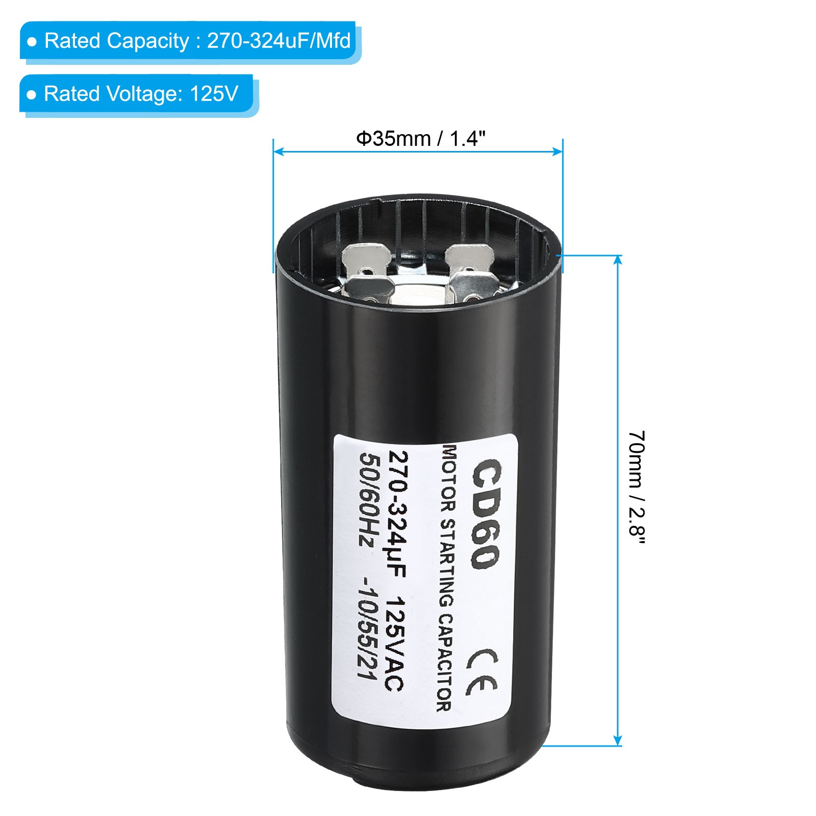 2Pack 270-324uF/Mfd 125V 50/60Hz CD60 Run Capacitor for Electric Motor Starts