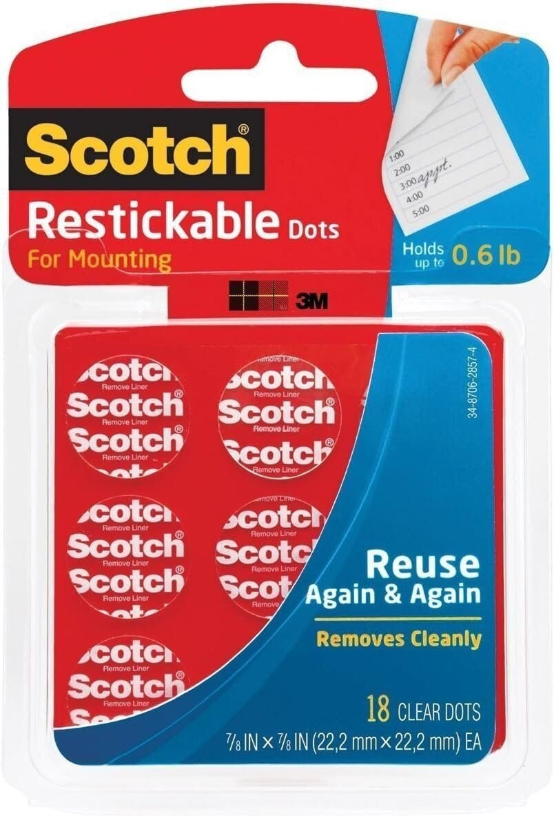 Scotch Restickable Dots, Clear,78-in x 78-in,18-Dots (R105)