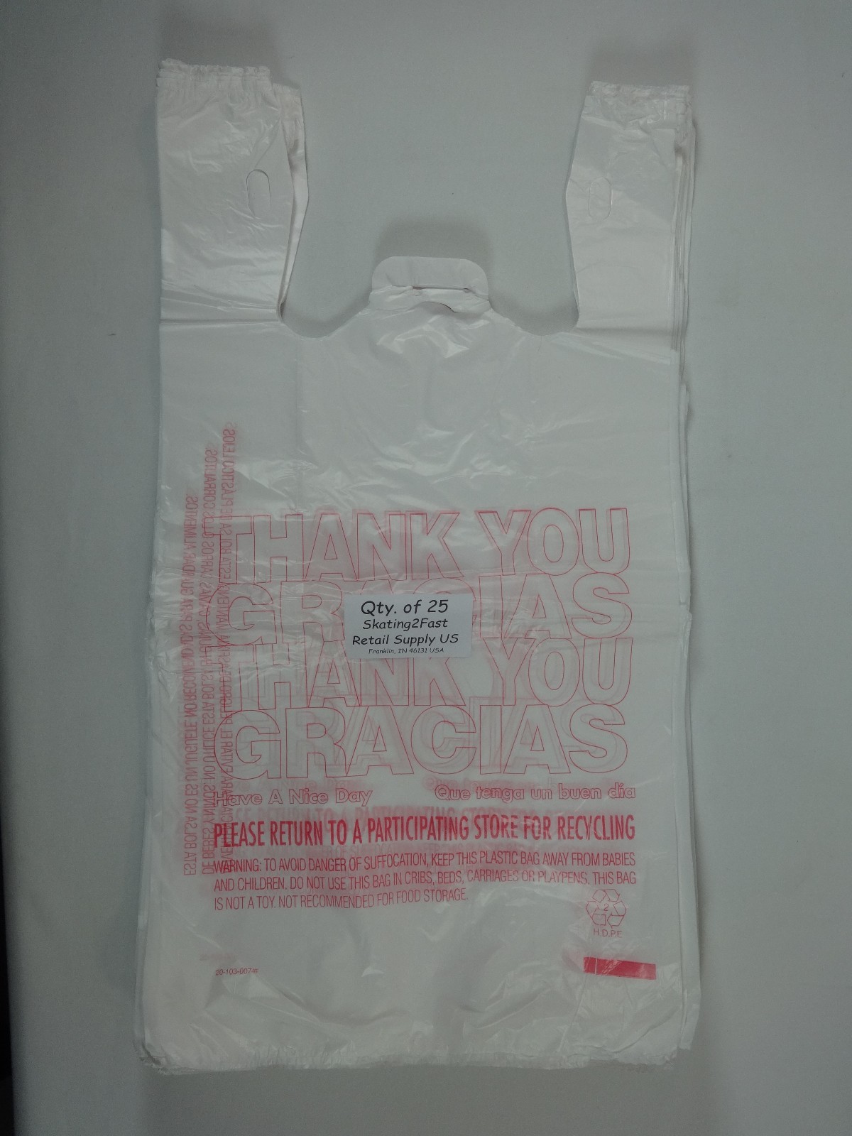 T-Shirt THANK YOU GRACIAS Carry-Out 11.5″ x 6.5″ x 22″ Plastic Bags Carry