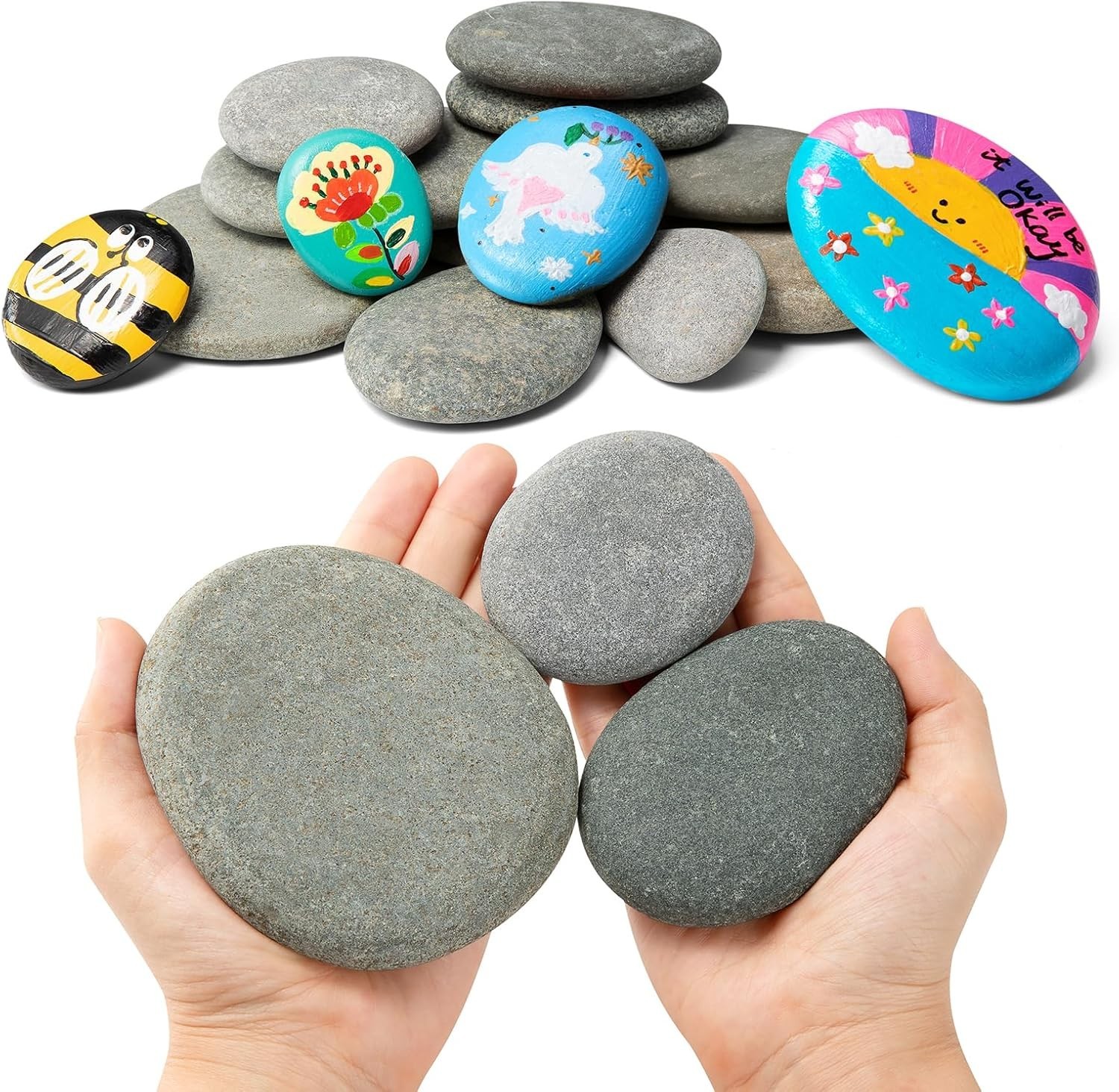 15pcs Rocks for Painting, 5pcs of Each 2-3in, 3-4in, 4-5in, Flat & Smooth Riv…