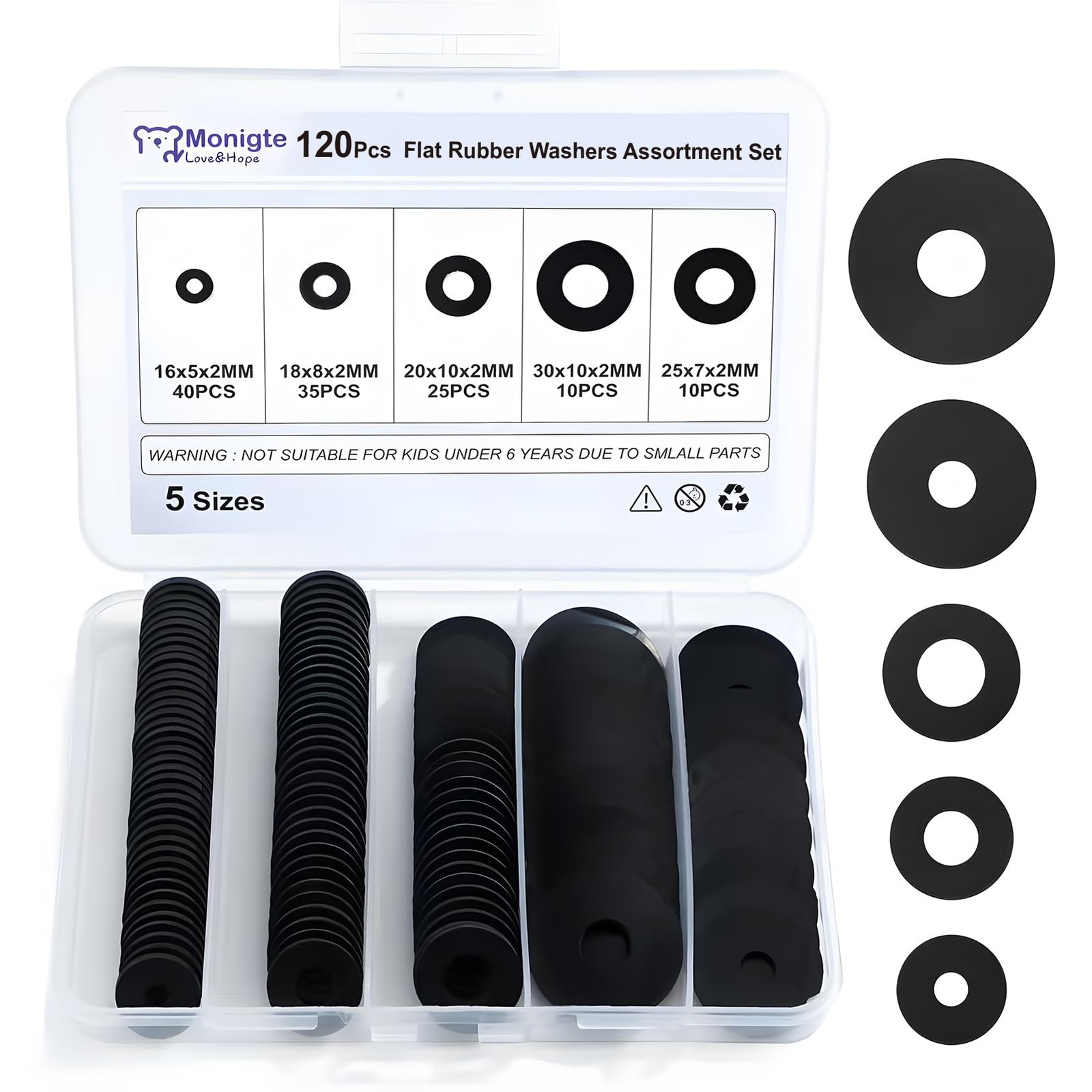 120Pcs Flat Rubber Washers Assortment Kit,16/18/20/25/30mm Black