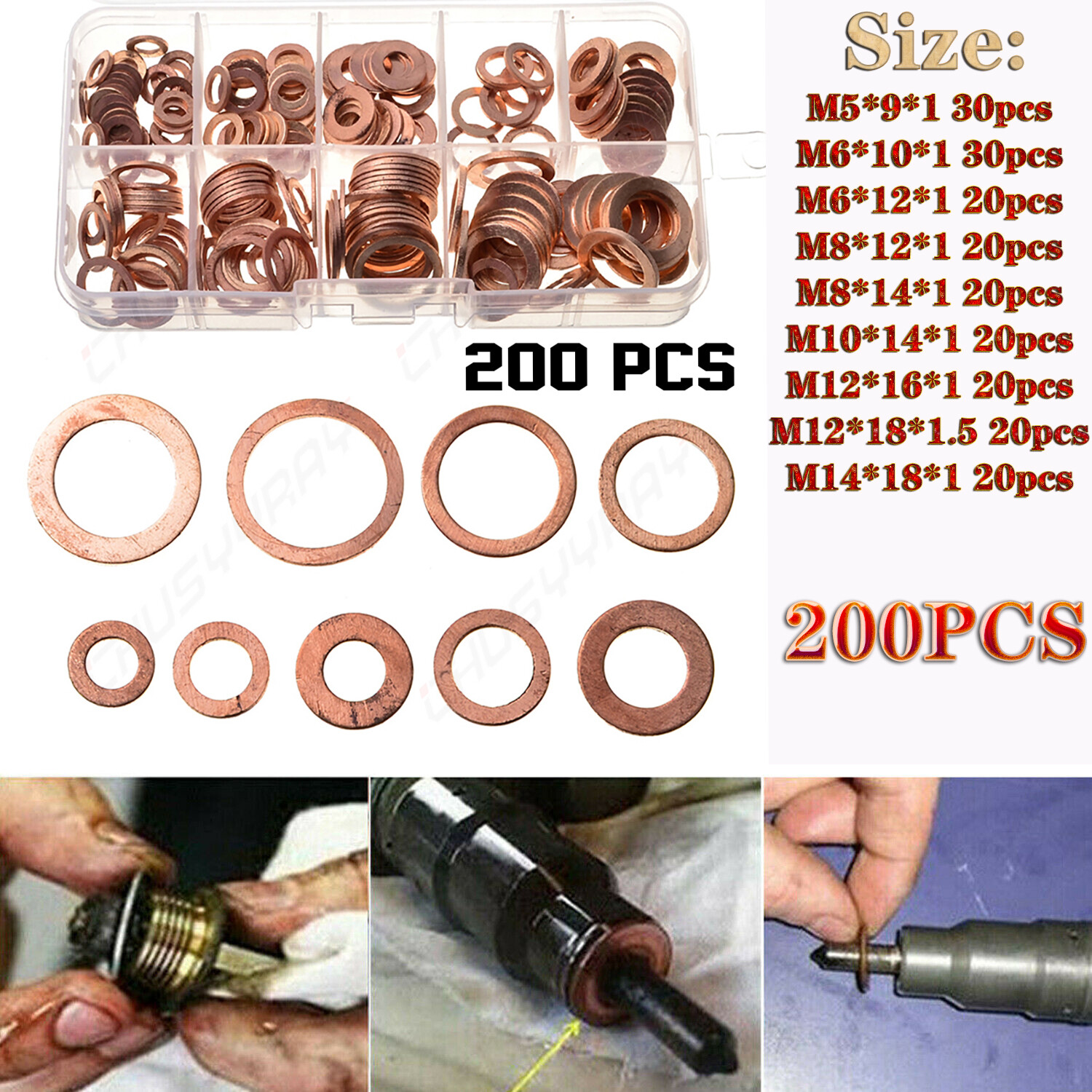 200Pcs Copper Diesel Injector Washers Fuel Set Seal Rings Assortment Kit