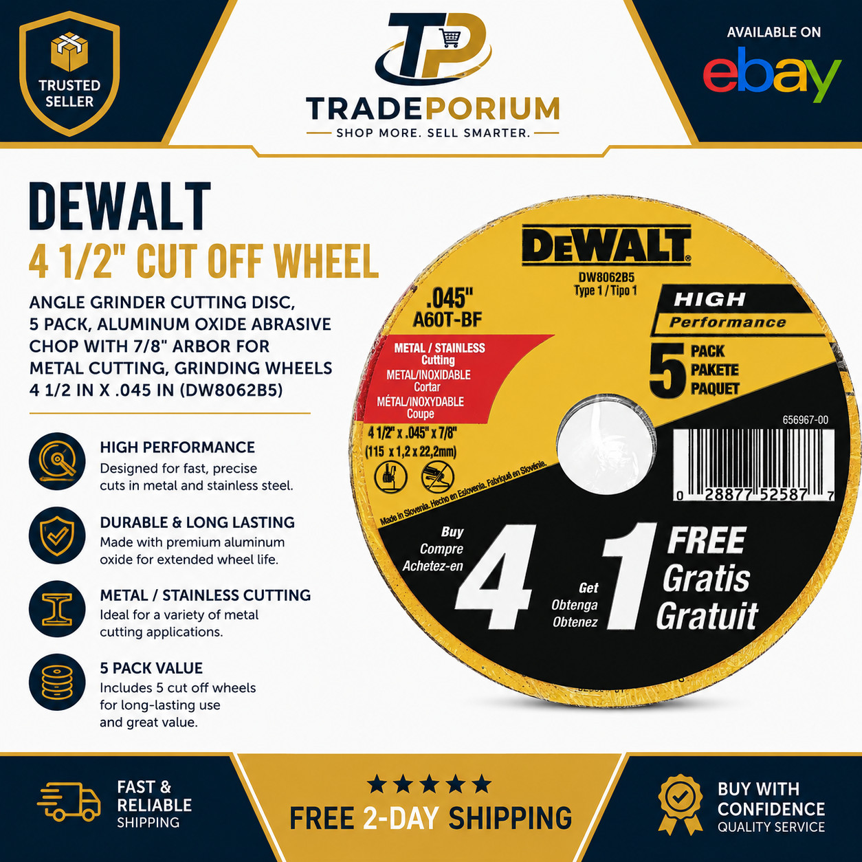 DEWALT 4-1/2 Inch Cut Off Wheel Aluminum Oxide Metal Cutting Disc Grinder