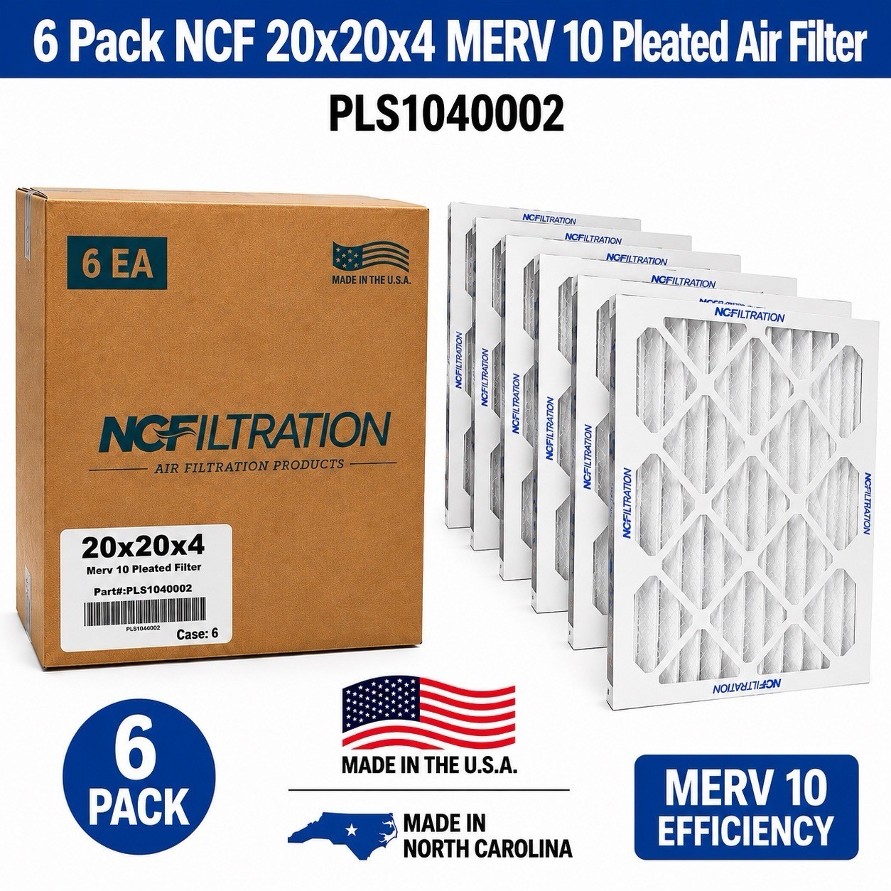 6 Pack NCF 20x20x4 MERV 10 Pleated Air Filter PLS1040002 New