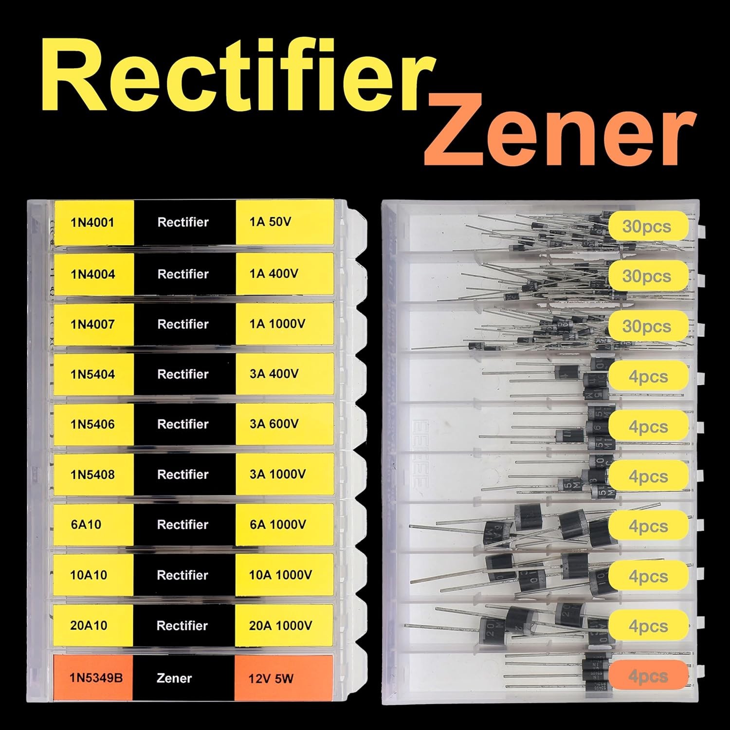 200 Diode Assortment Kit 20 Types Rectifier Schottky Zener 1N4001 1N4007 1N4148