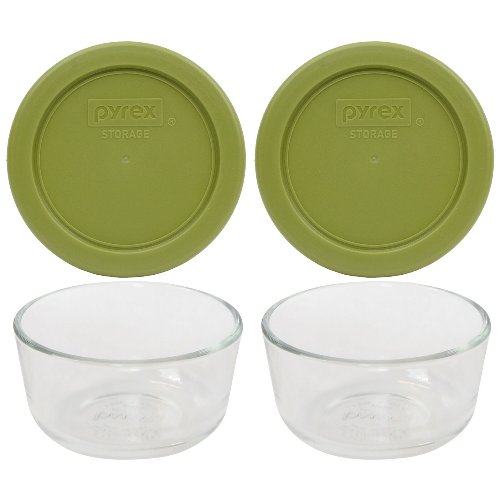 Pyrex (2) 7202 Clear Glass Food Storage Bowls & (2) 7202-PC Olive Green Lids