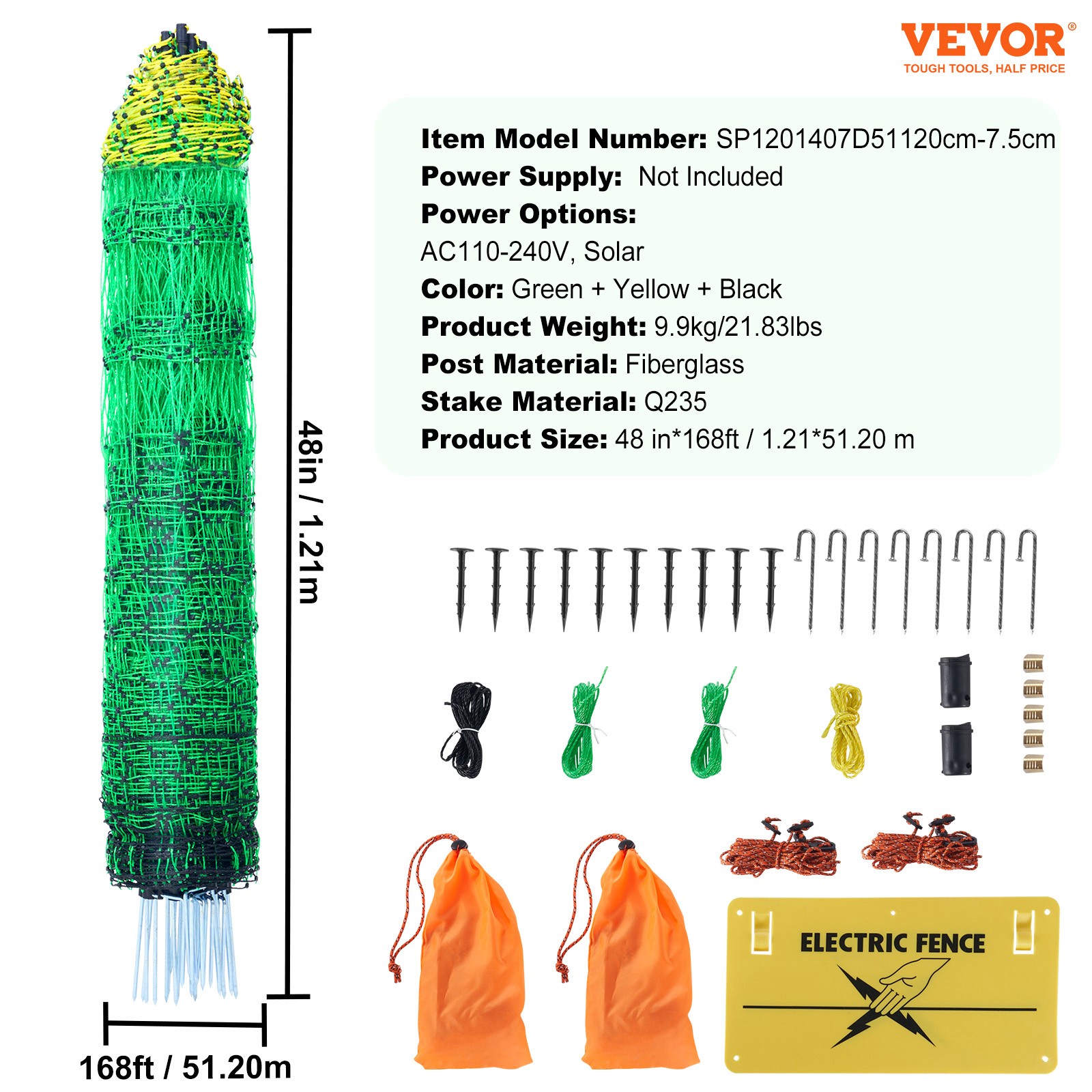 VEVOR Electric Netting Fence Kit PE Net Fencing 48″H x 168’L with Posts Spikes