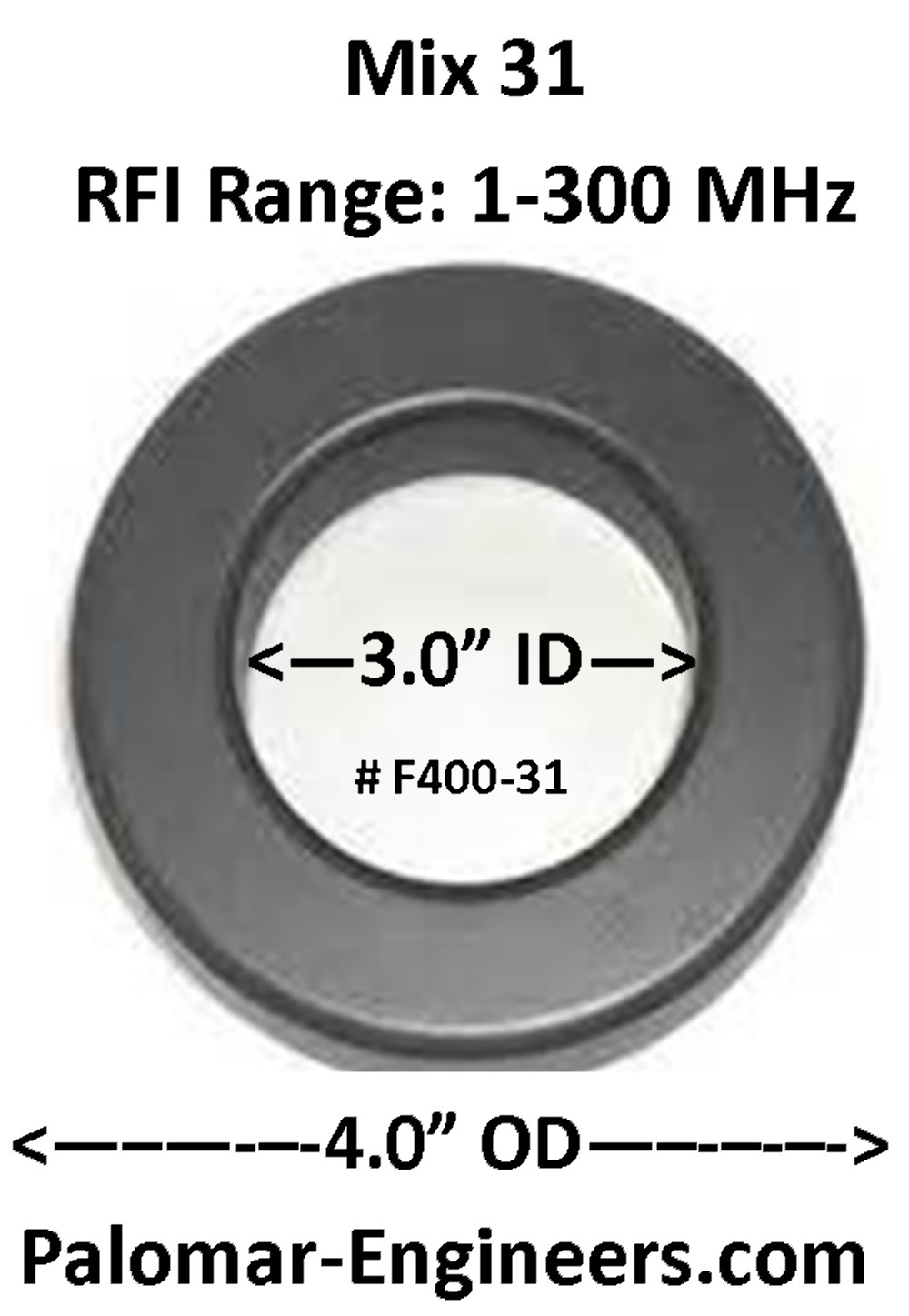 Palomar Engineers Ferrite Ring, FT400-3I, ID=3″, RFI Range 1-300 MHz