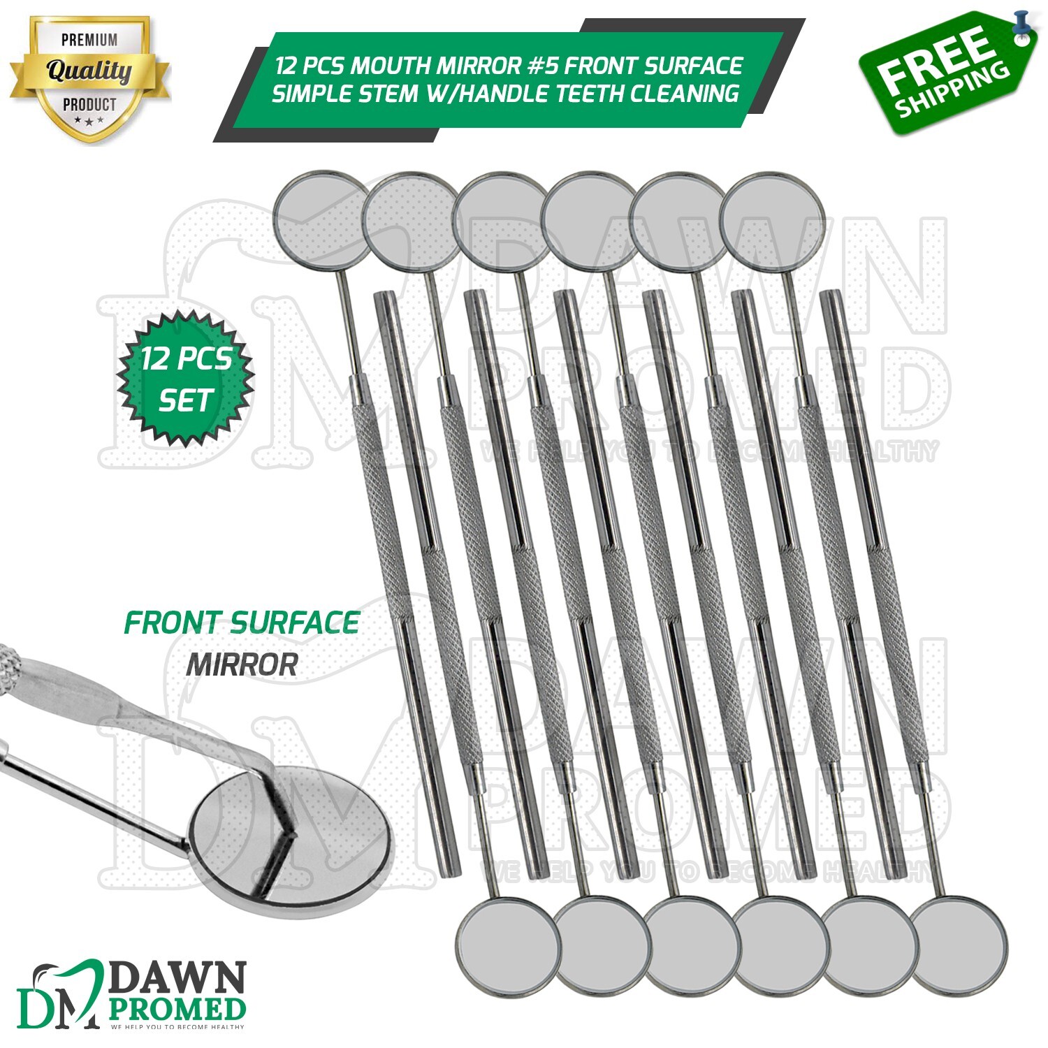 12 Pcs Dental Mouth Mirror #5 Front Surface Simple Stem W/Handle Teeth Cleaning