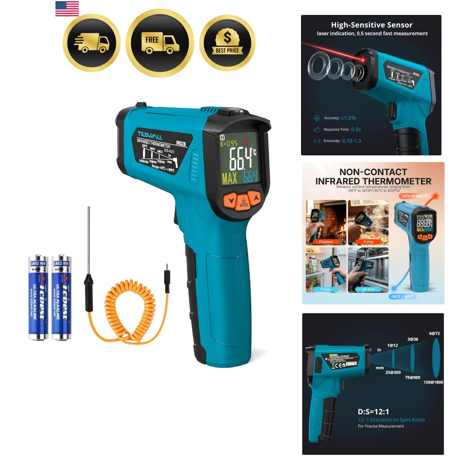 Infrared Thermometer, -58°F to 1472°F-50~800°C, Non-Contact Digital Laser The…
