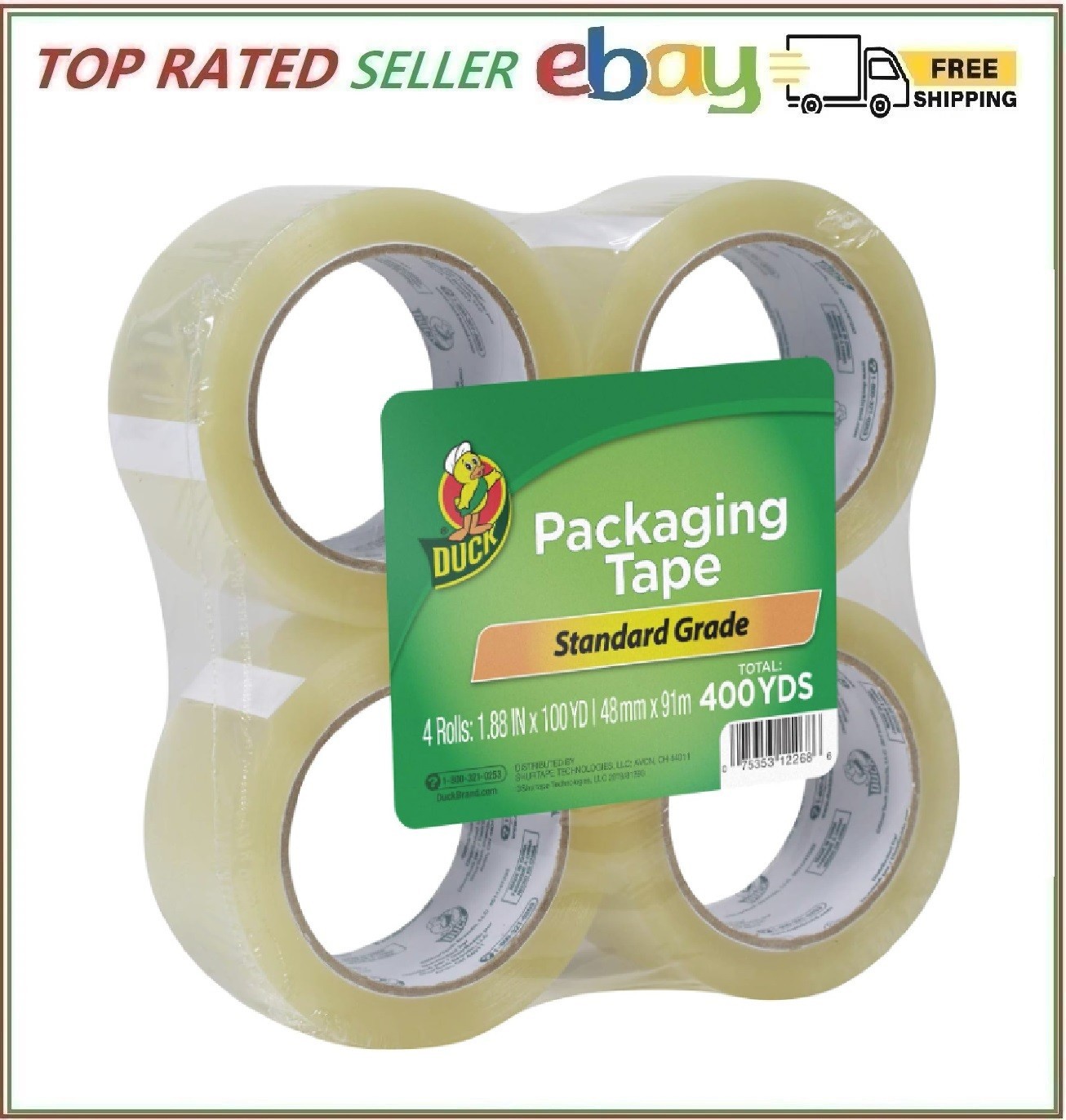 Duck Tape Brand Standard Packaging Tape Refill, 4 Rolls, 1.88 Inch x 100 Yards