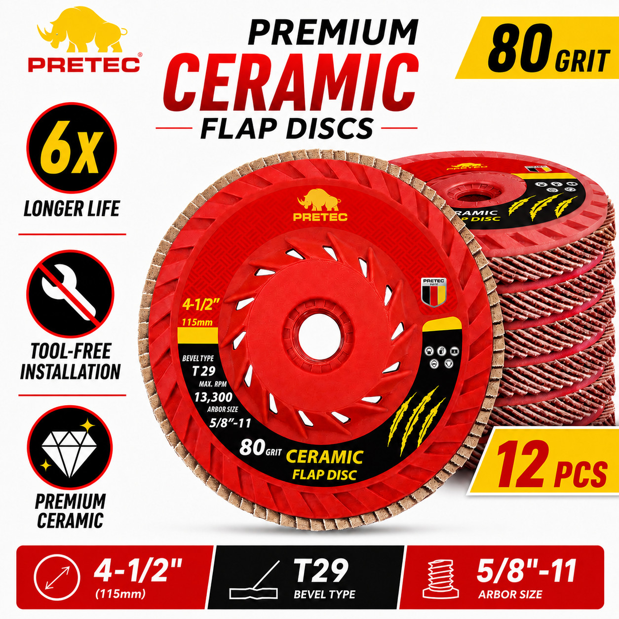 12Pack 4-1/2″ Ceramic Flap Discs 80 Grit T29 5/8-11 Trimmable Heavy Duty Grinder