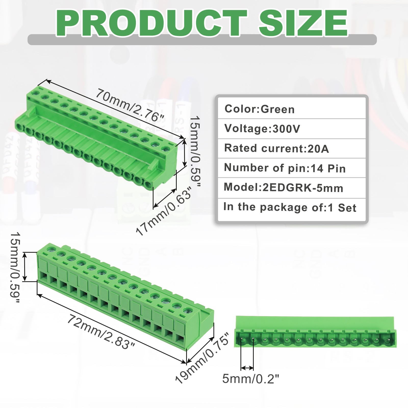 14 Pin 5mm 0.2 Inch Pitch PCB Mount Screw Terminal Male Female, Green